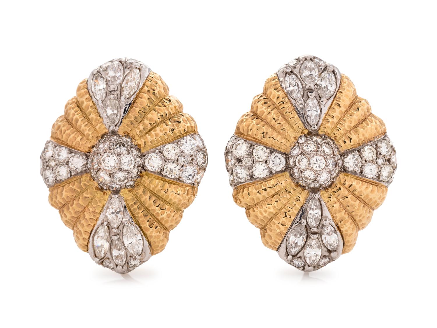 A Pair of 18 Karat Bicolor Gold and Diamond Ear Clips, Migliore,