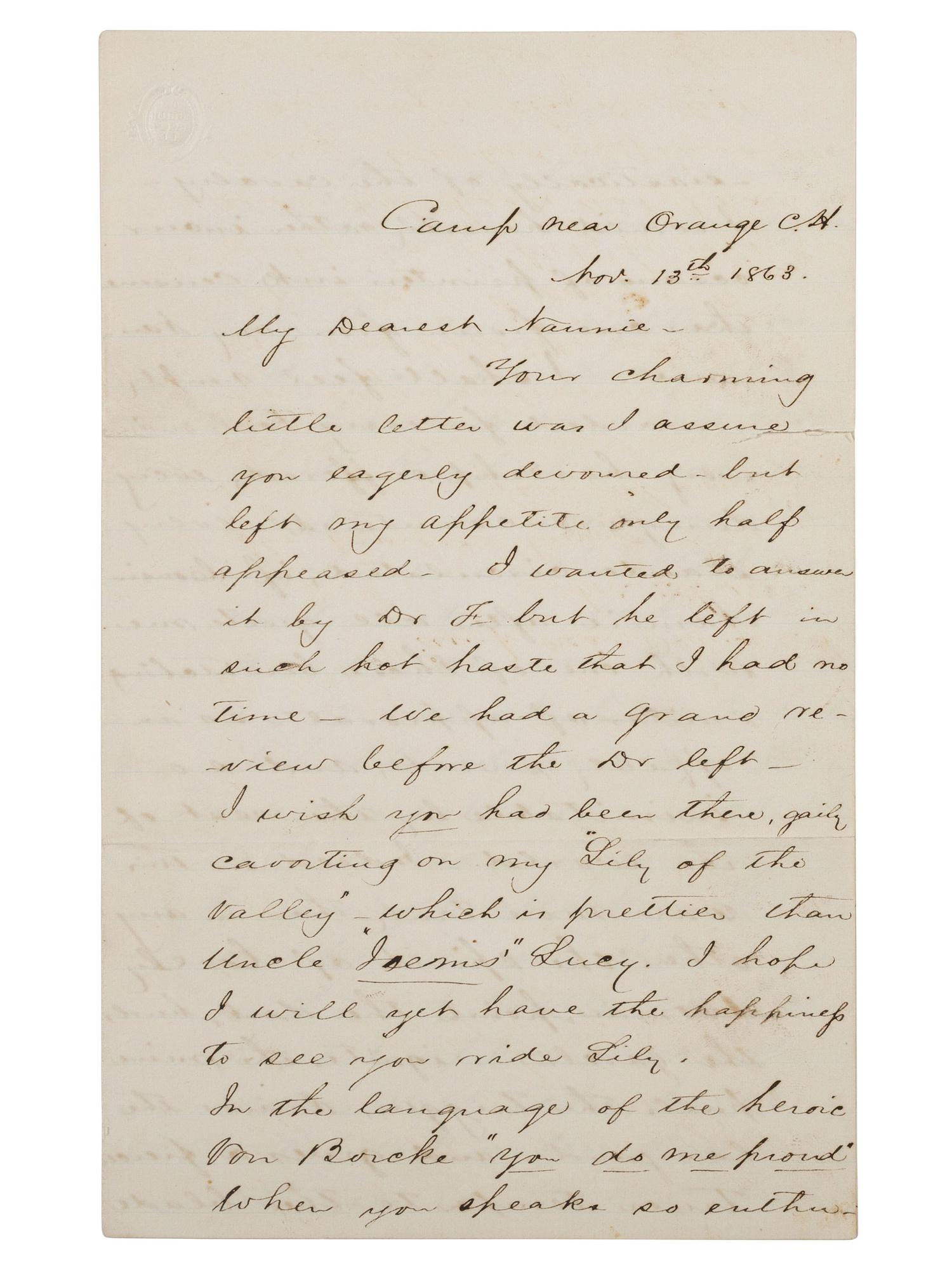 [CIVIL WAR]. STUART, J.E.B. (1833-1864). Autograph letter from Stuart to his cousin Nannie Price. "Camp near Orange C. H." 13 November 1863.