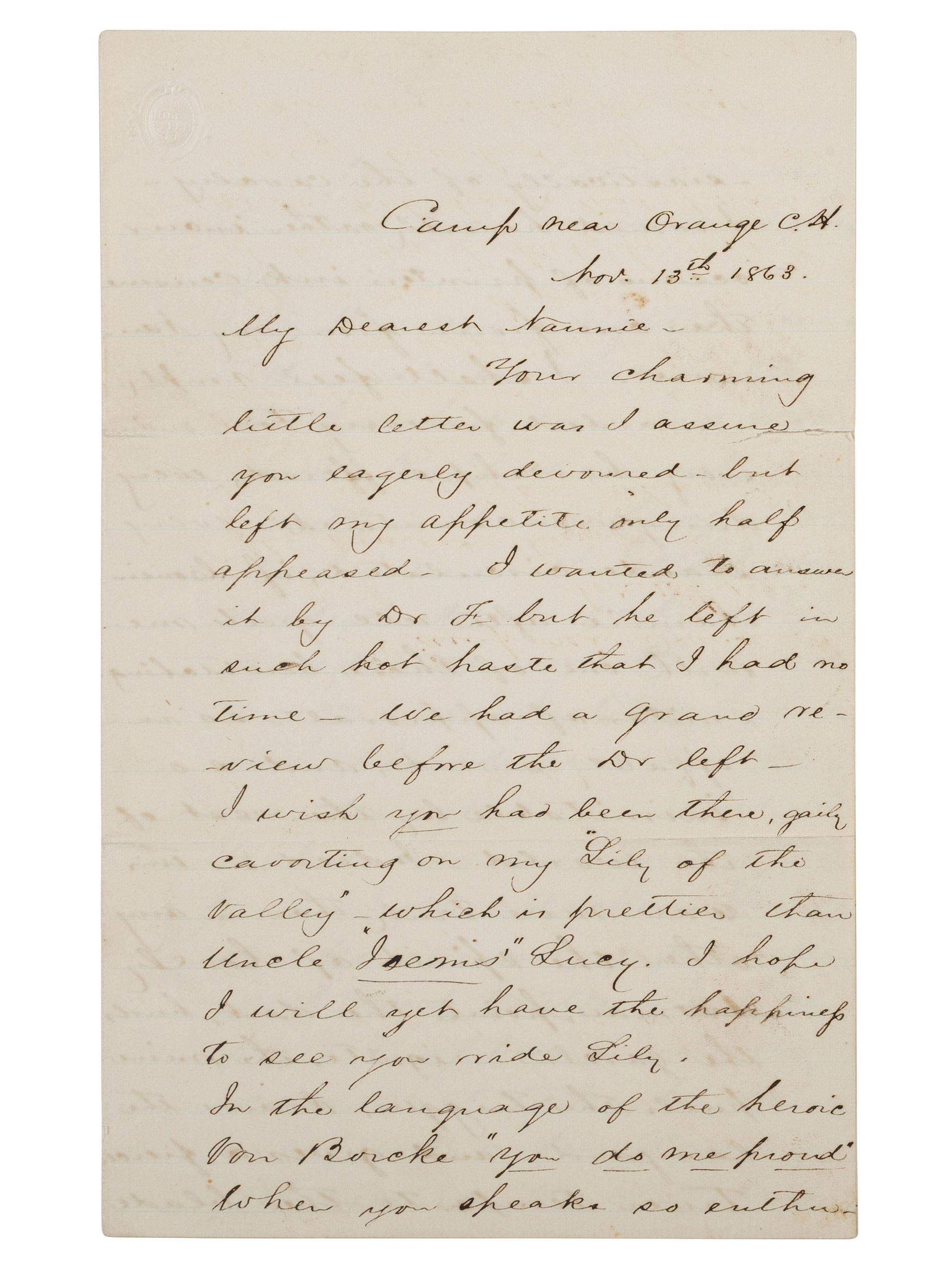 [CIVIL WAR]. STUART, J.E.B. (1833-1864). Autograph letter from Stuart to his cousin Nannie Price. "Camp near Orange C. H." 13 November 1863.