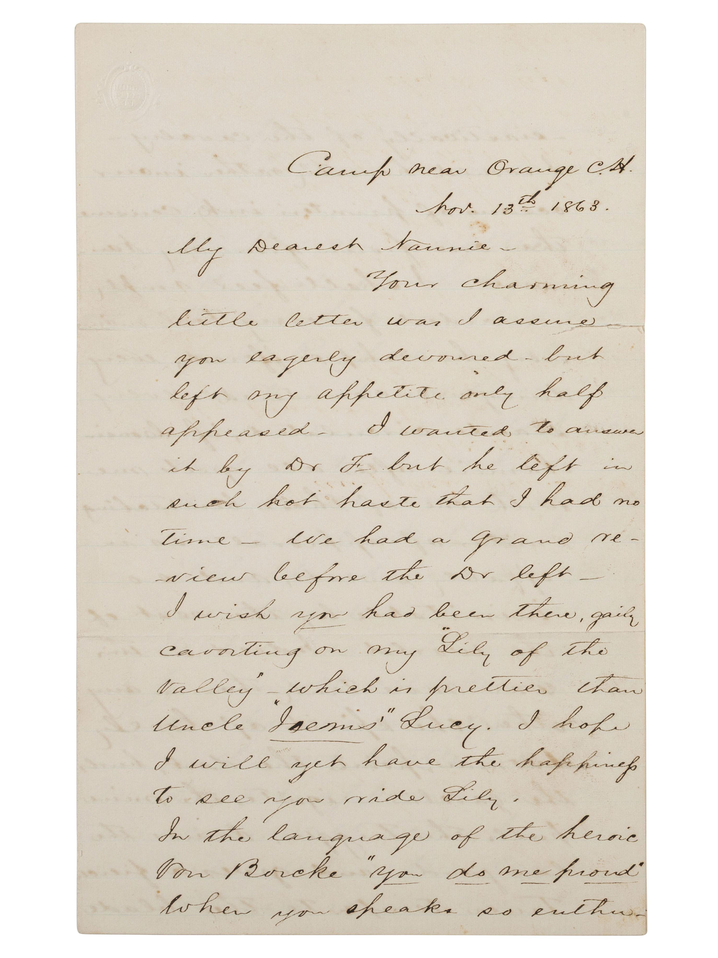 [CIVIL WAR]. STUART, J.E.B. (1833-1864). Autograph letter from Stuart to his cousin Nannie Price. "Camp near Orange C. H." 13 November 1863.