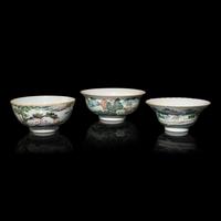 Three Chinese Famille Rose Porcelain 'Landscape' Bowls, Late 19th-Early 20th Century — 晚清-民國 粉彩山水圖碗三件