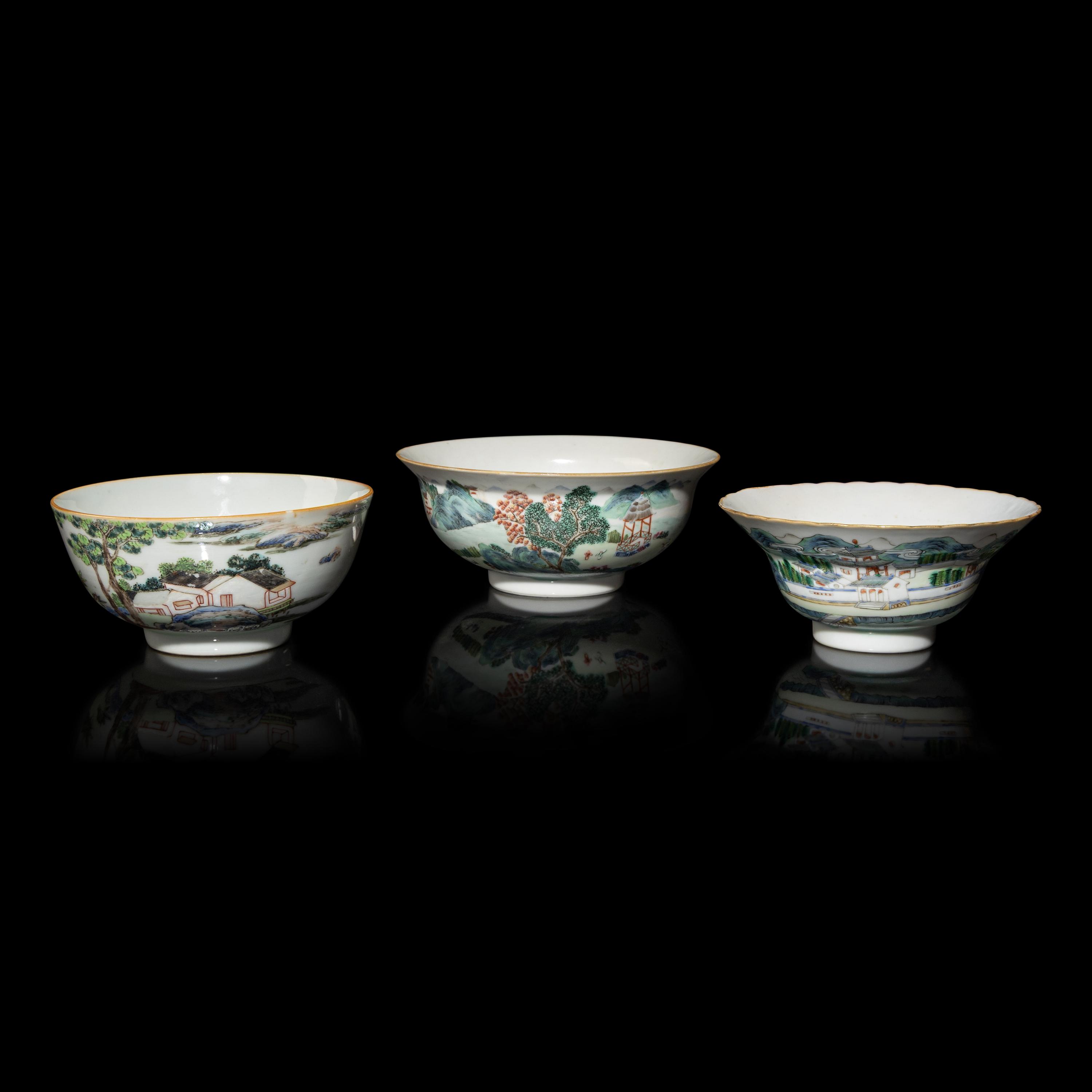 Three Chinese Famille Rose Porcelain 'Landscape' Bowls, Late 19th-Early 20th Century — 晚清-民國 粉彩山水圖碗三件