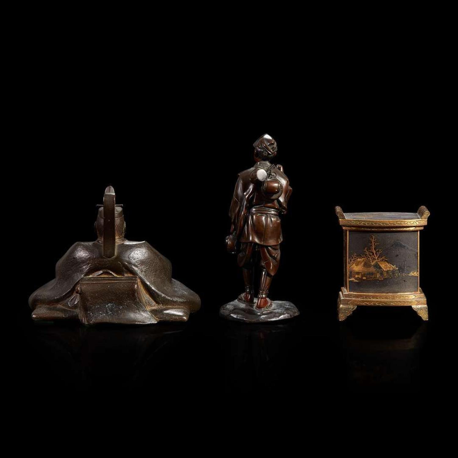 Two small Japanese patinated figures and a parcel-gilt metal miniature cabinet, Komai 19th-first part 20th century