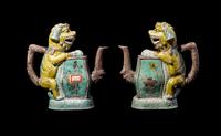 A Pair of Chinese Sancai Biscuit Teapots