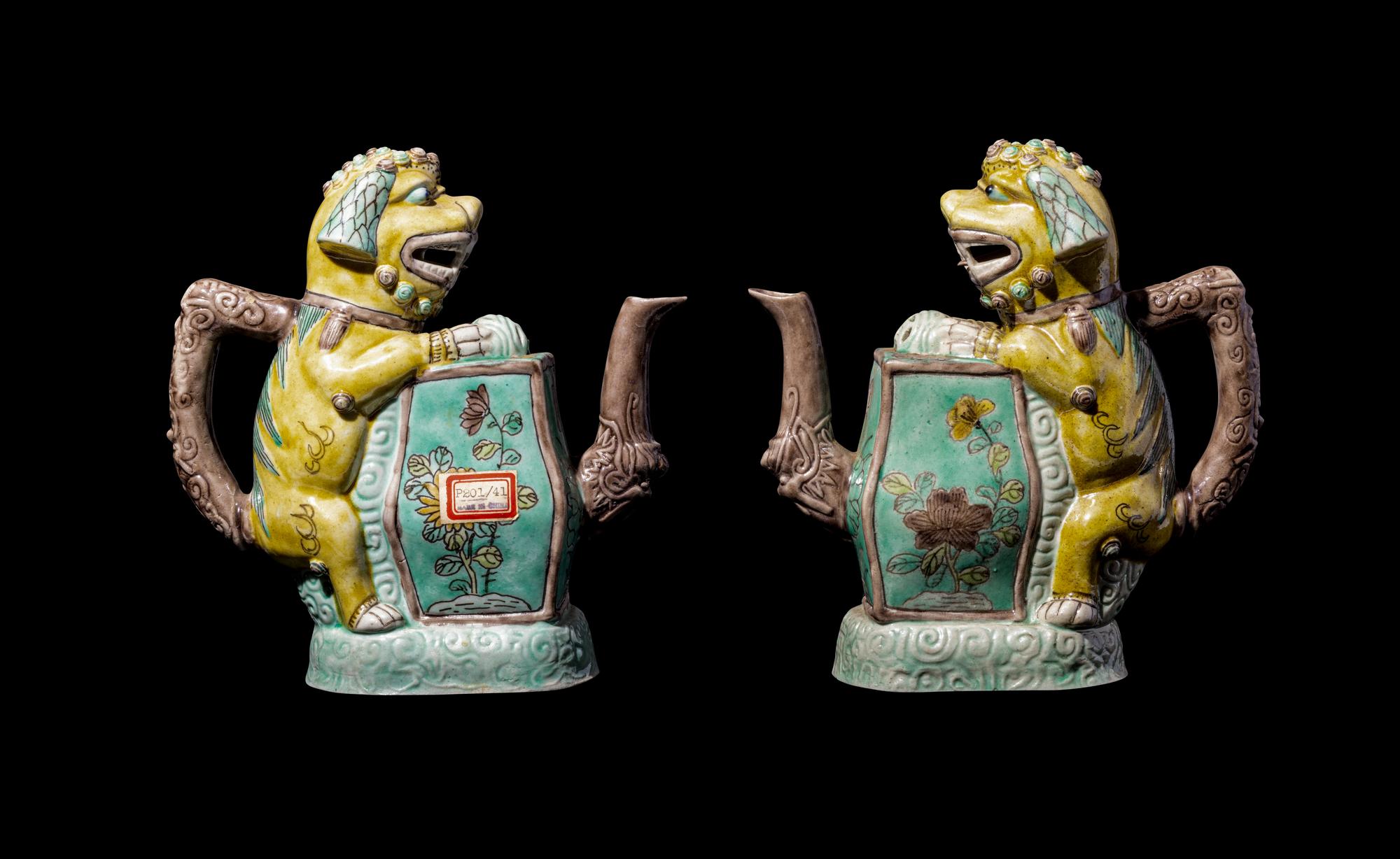 A Pair of Chinese Sancai Biscuit Teapots