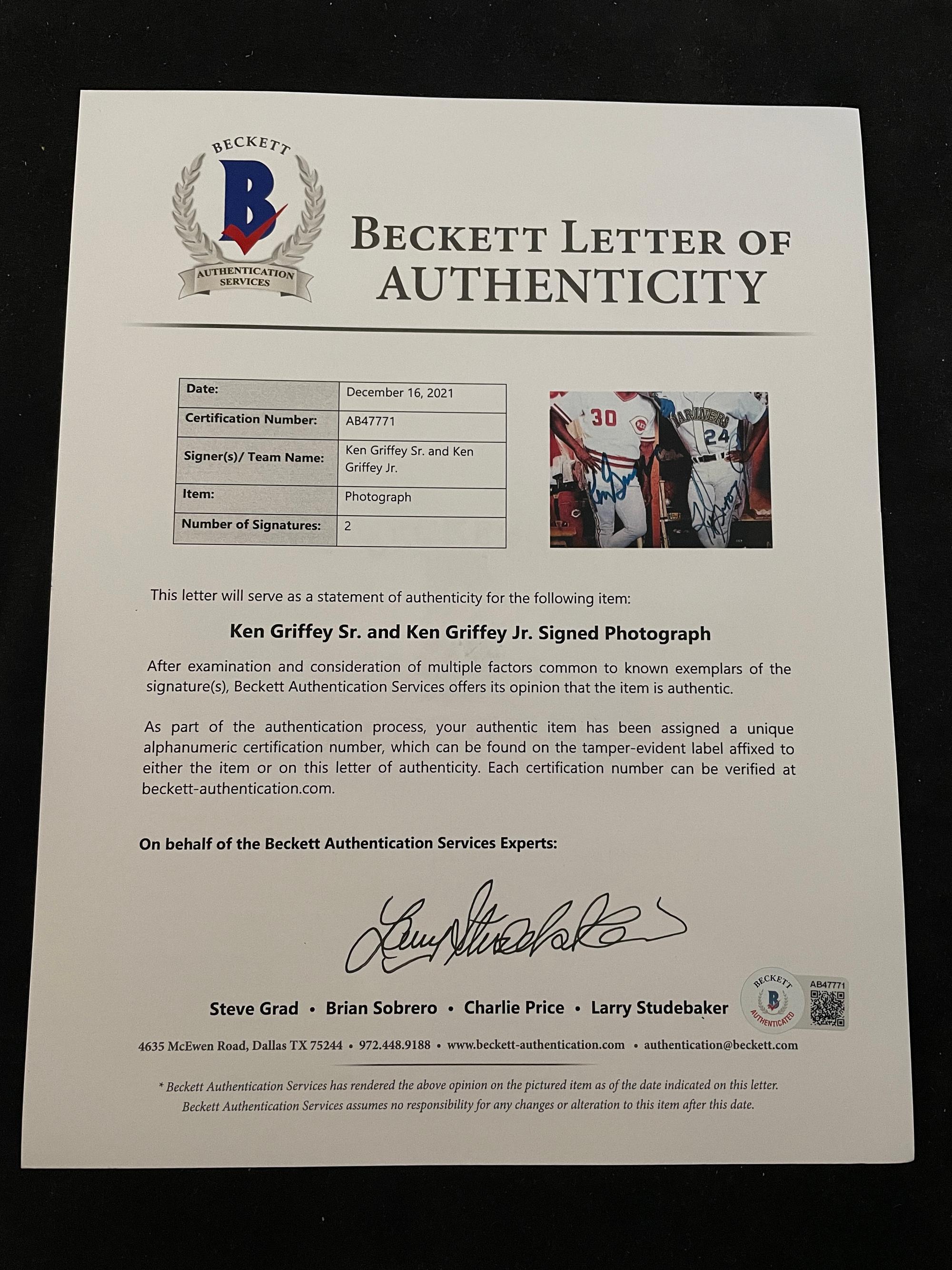 A Ken Griffey Jr. and Ken Griffey Sr. Signed Autograph Griffey The Next Generation Photograph With Period Signatures (Beckett Authentication Services Letter BAS Certified),