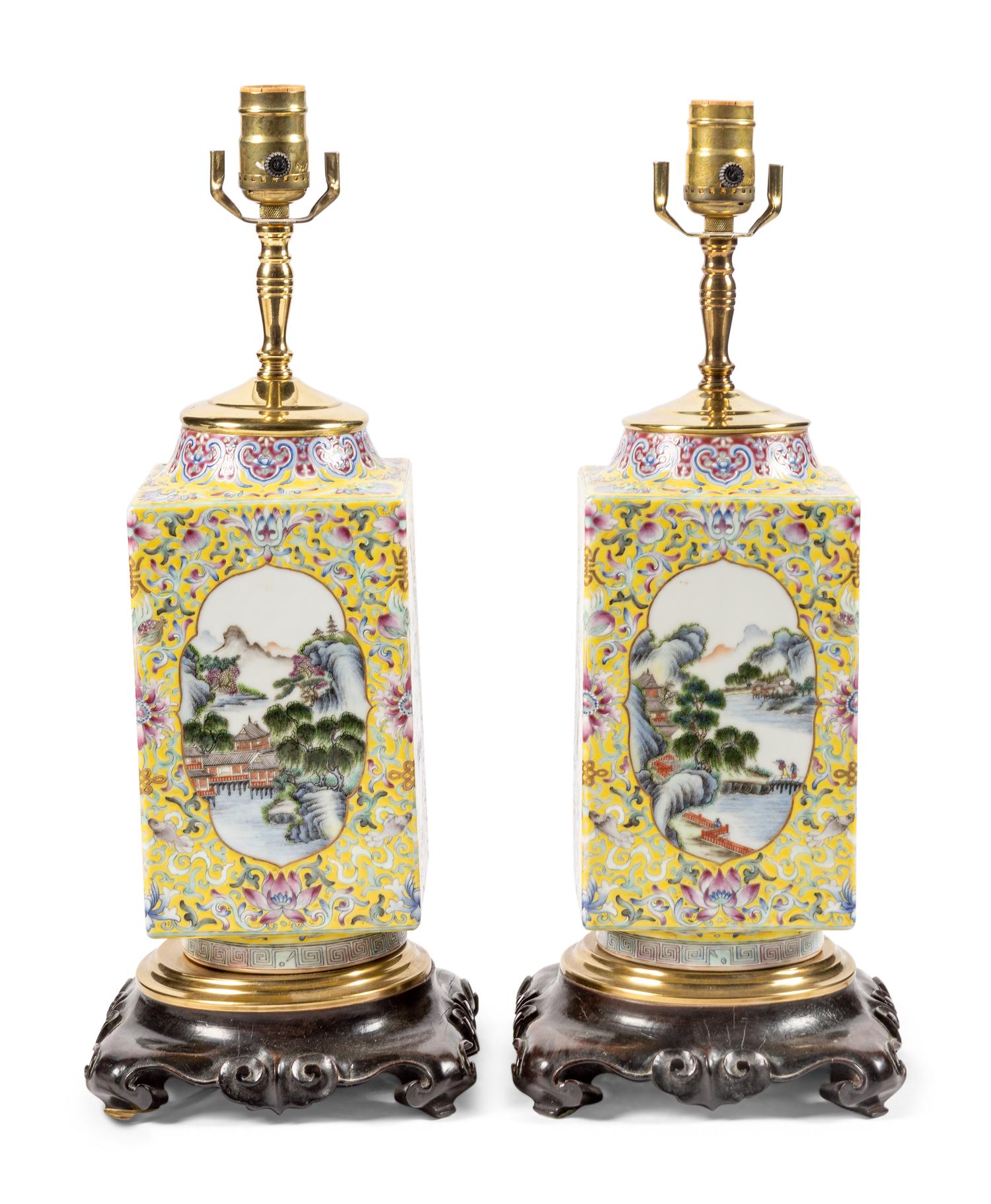 A Pair of Chinese Enameled Yellow-Ground Porcelain Jars Mounted as Lamps