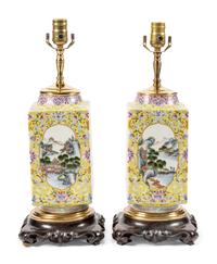 A Pair of Chinese Enameled Yellow-Ground Porcelain Jars Mounted as Lamps