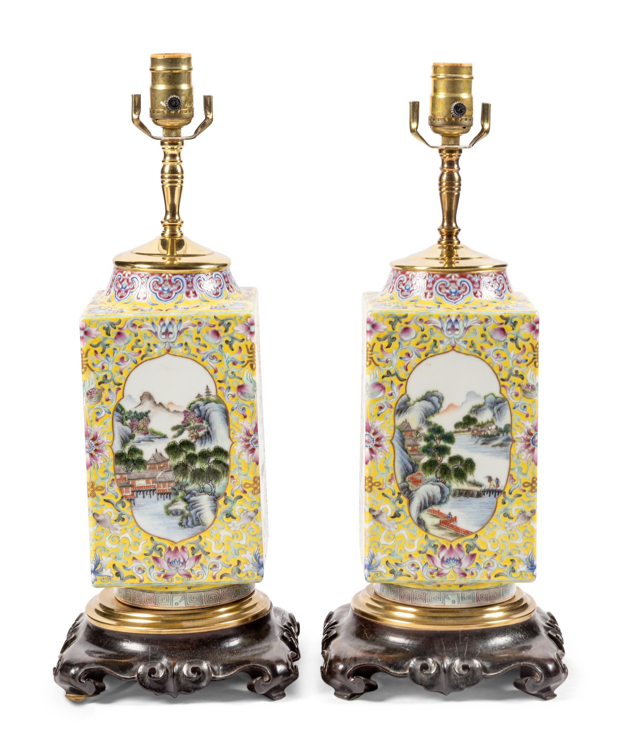 A Pair of Chinese Enameled Yellow-Ground Porcelain Jars Mounted as Lamps