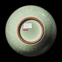 A Chinese Celadon Glazed Molded Porcelain Bottle Vase, Late Qing Dynasty 清晚期 粉青釉龍紋天球瓶