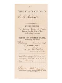 McKINLEY, WILIAM (1843-1901). Partly-printed document signed twice (“William McKinley, Jr.”) as Prosecuting Attorney for Stark County, Ohio. February Term, 1871.