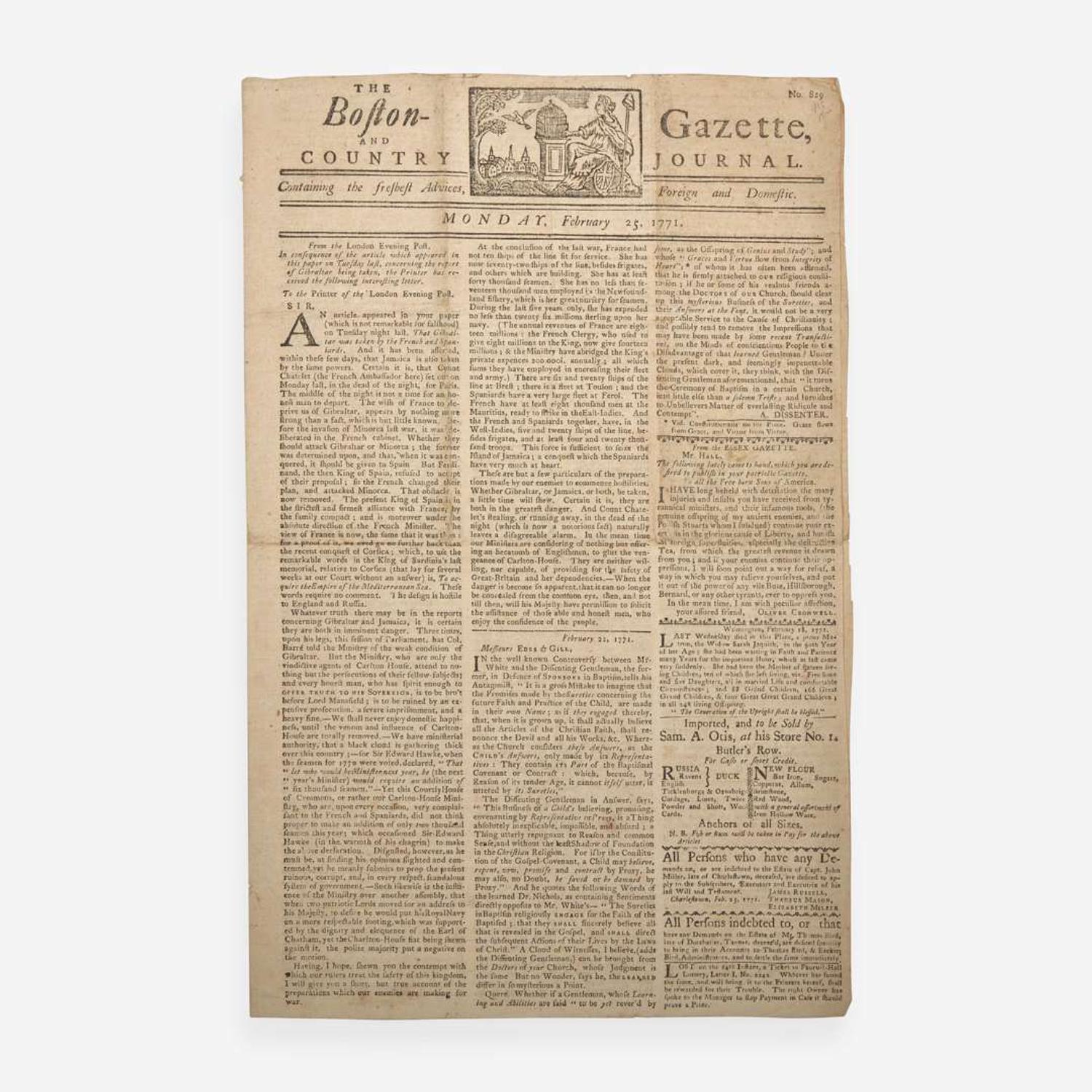 [Americana] [Revere, Paul] The Boston-Gazette, And Country Journal