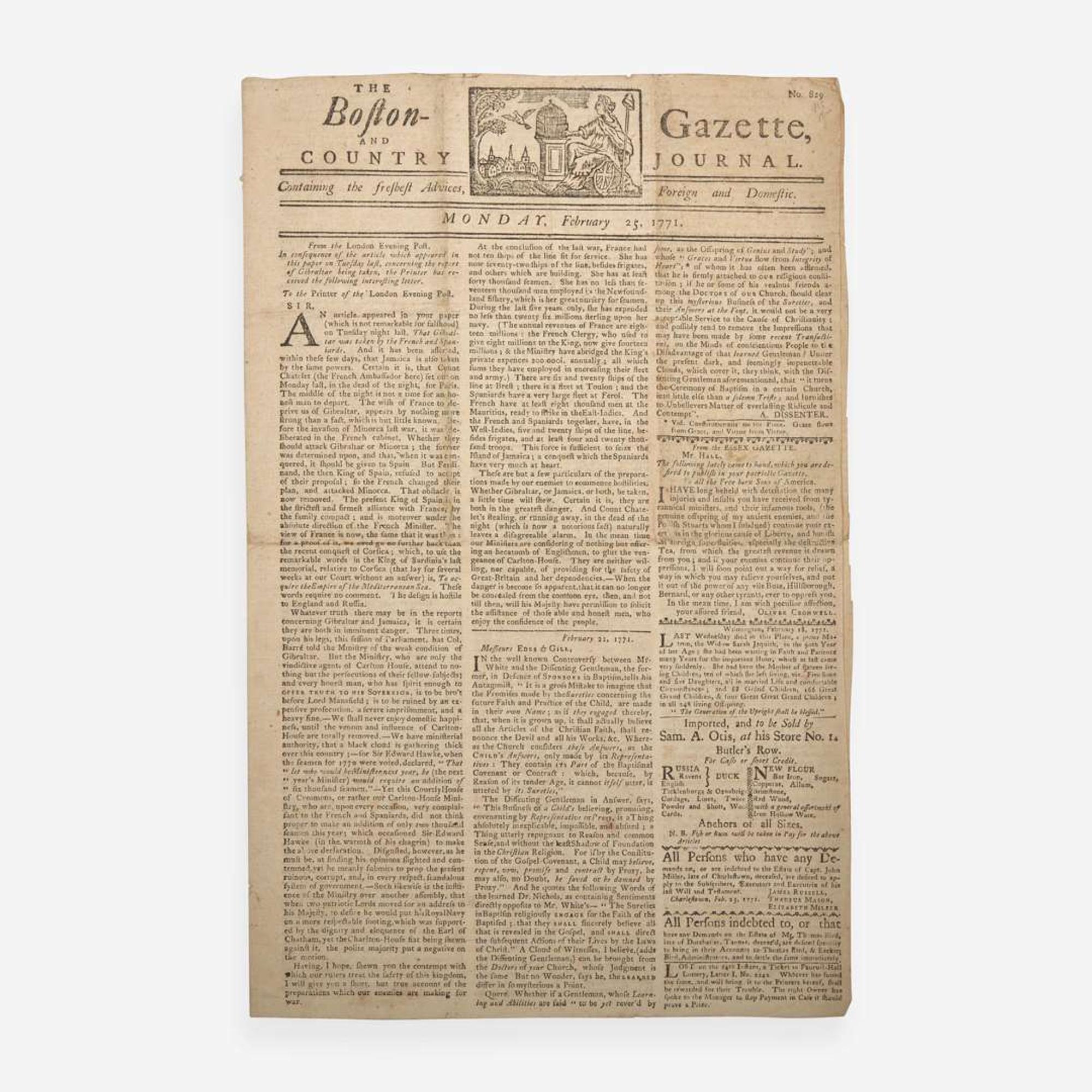 [Americana] [Revere, Paul] The Boston-Gazette, And Country Journal