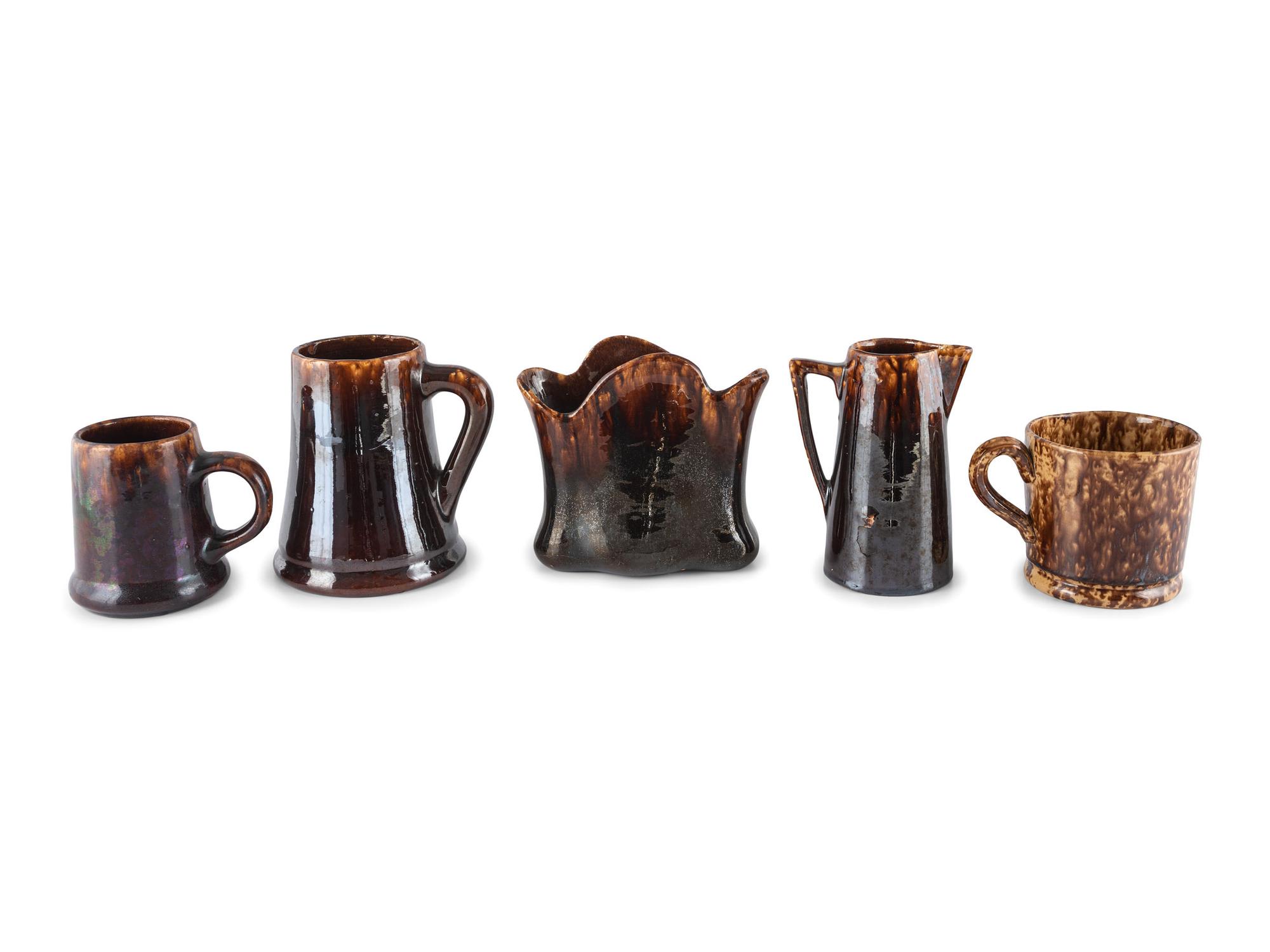 Nine Table Articles in Brown and Bennington Style Glaze