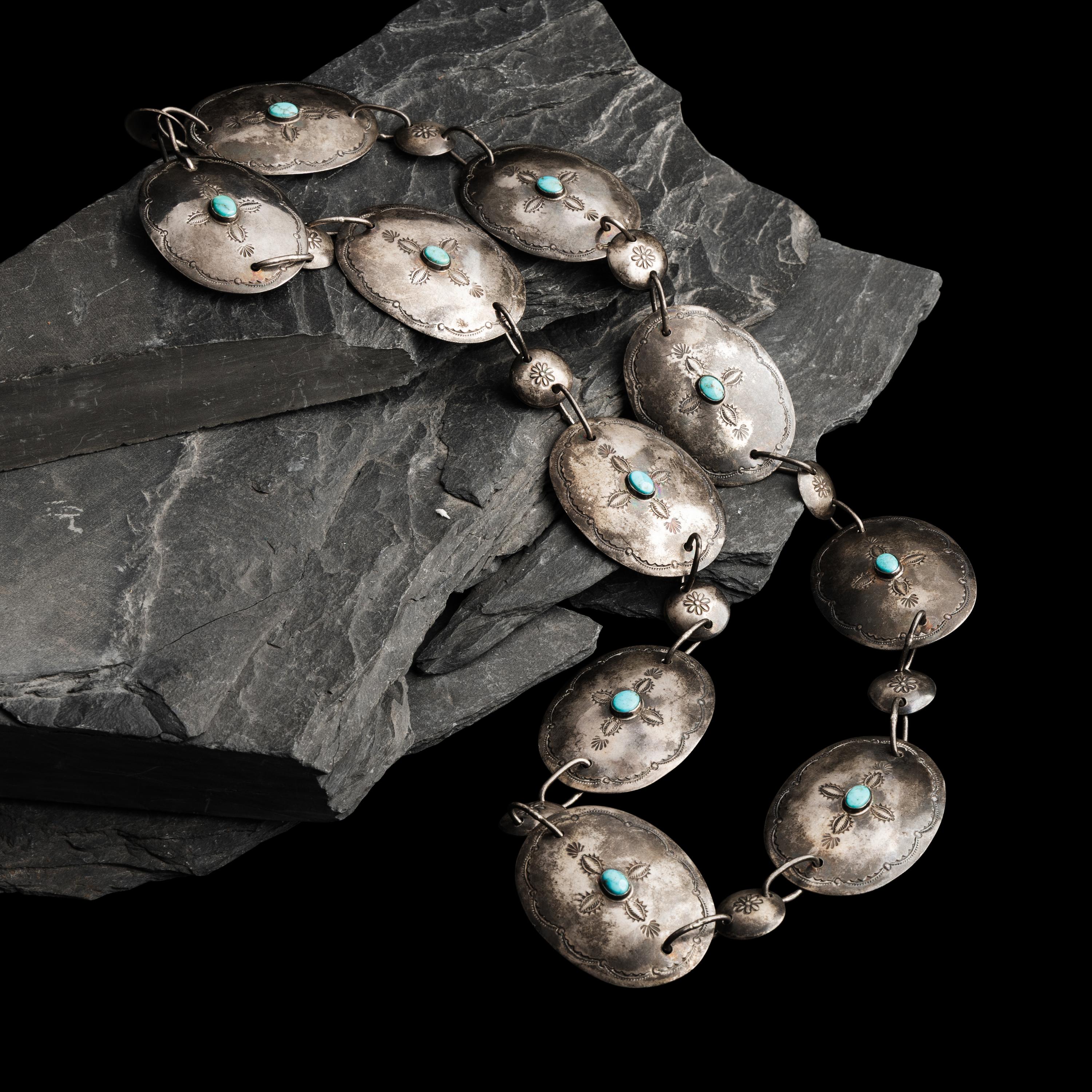 Garden of the Gods Trading Post (Shop, act. since 1929) — Navajo Silver and Turquoise Link Concha Belt, ca 1940s