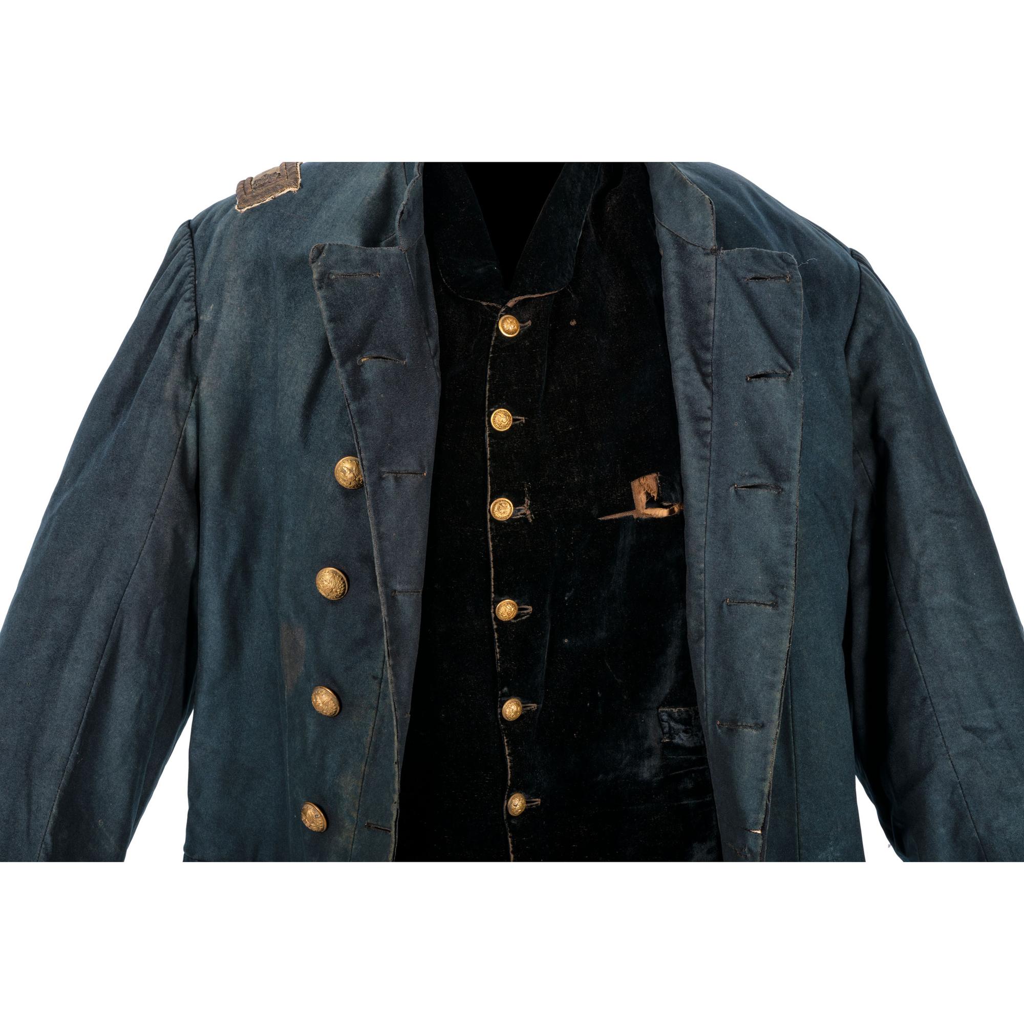 A collection of items identified to Lieutenant Colonel Jonathan Biggs, 123rd Illinois Infantry, “Wilder’s Brigade,” highlighted by bullet-struck frock coat and vest worn during the assault on Selma, Alabama. 2 April 1865.