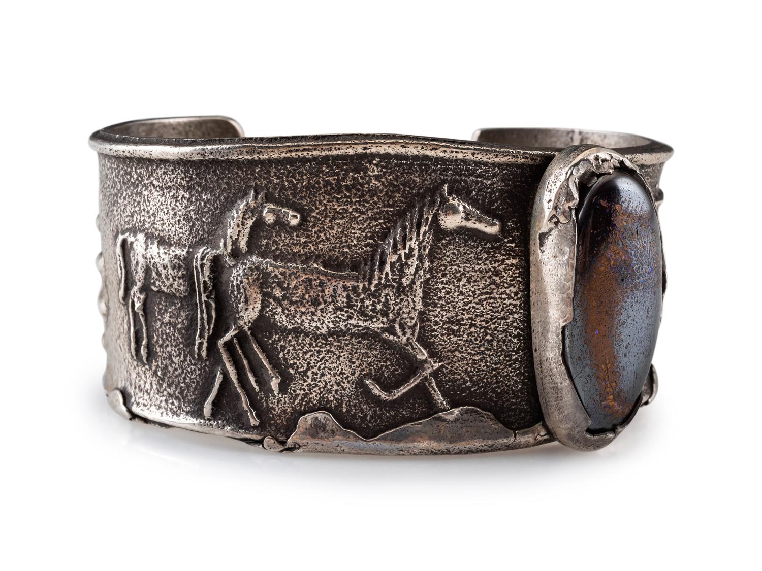 Tufa Cast Silver and Boulder Opal Cuff Bracelet, with Equine and Pueblo Design