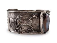 Tufa Cast Silver and Boulder Opal Cuff Bracelet, with Equine and Pueblo Design