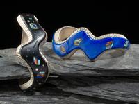 Pair of Sterling Silver and Mosaic Inlay Wave Cuff Bracelets, with Rubik's Cubes