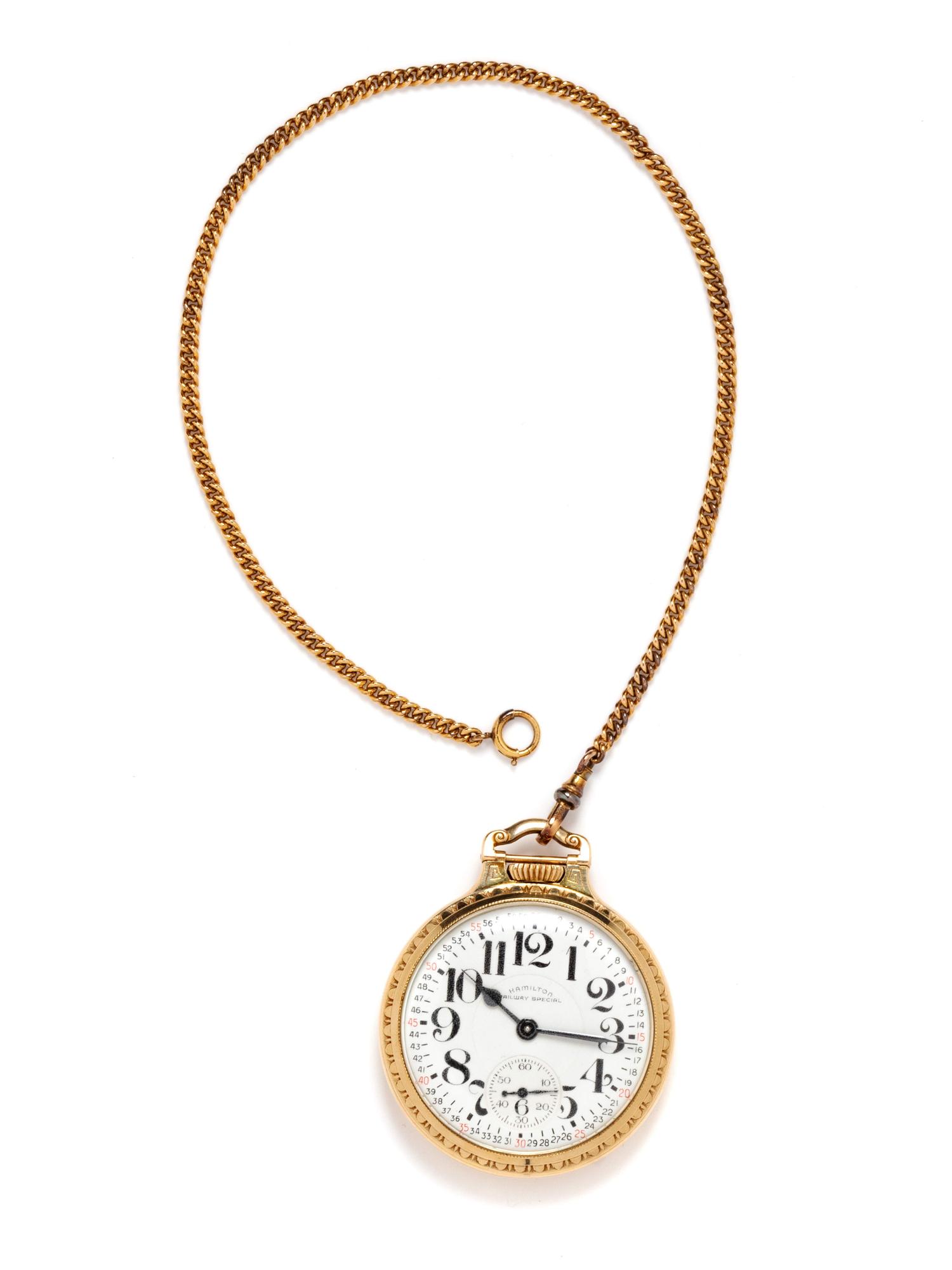 A 10 Karat Gold Filled Open Face Pocket Watch and Gold Filled Fob Chain, Hamilton,