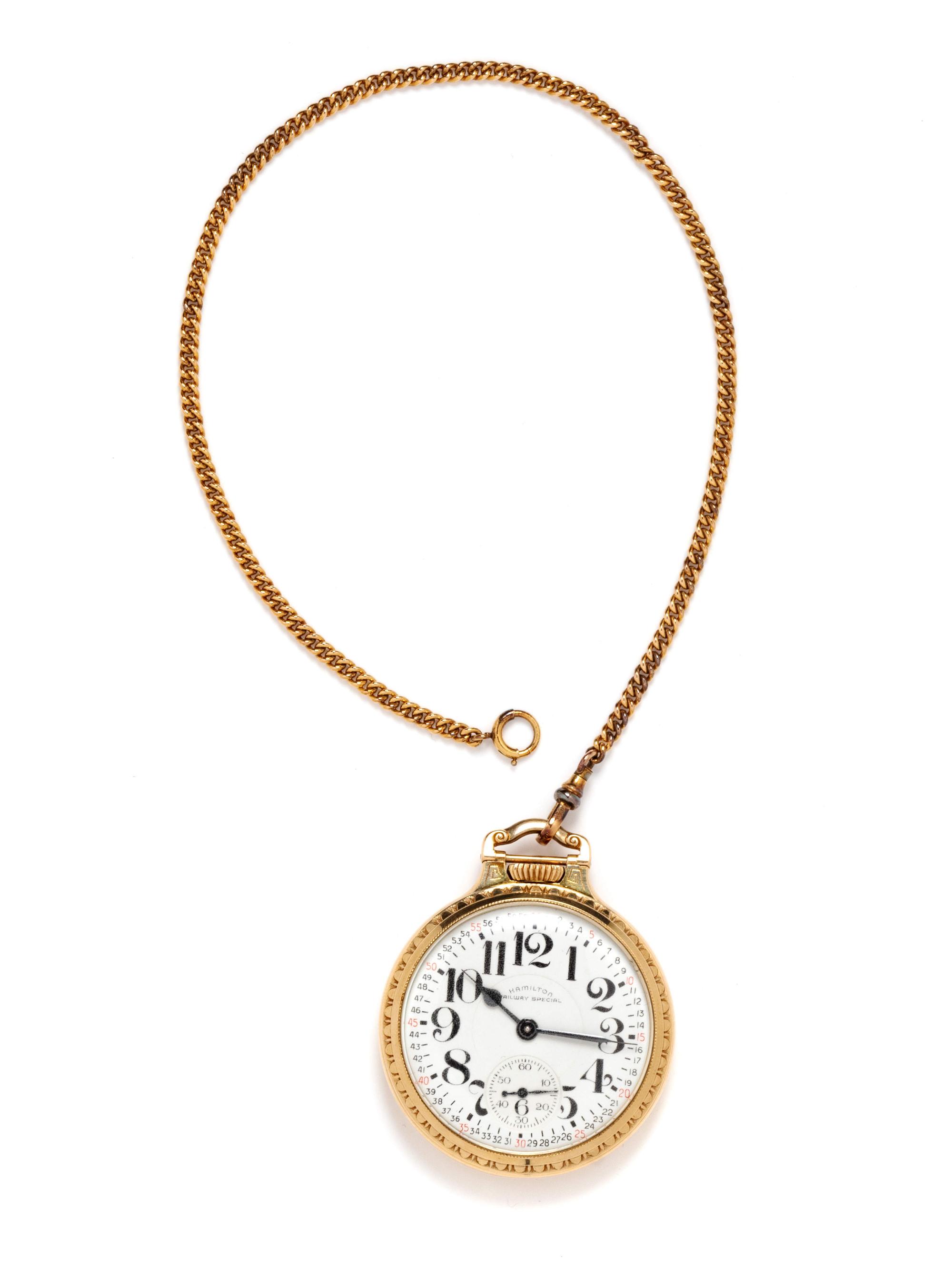 A 10 Karat Gold Filled Open Face Pocket Watch and Gold Filled Fob Chain, Hamilton,