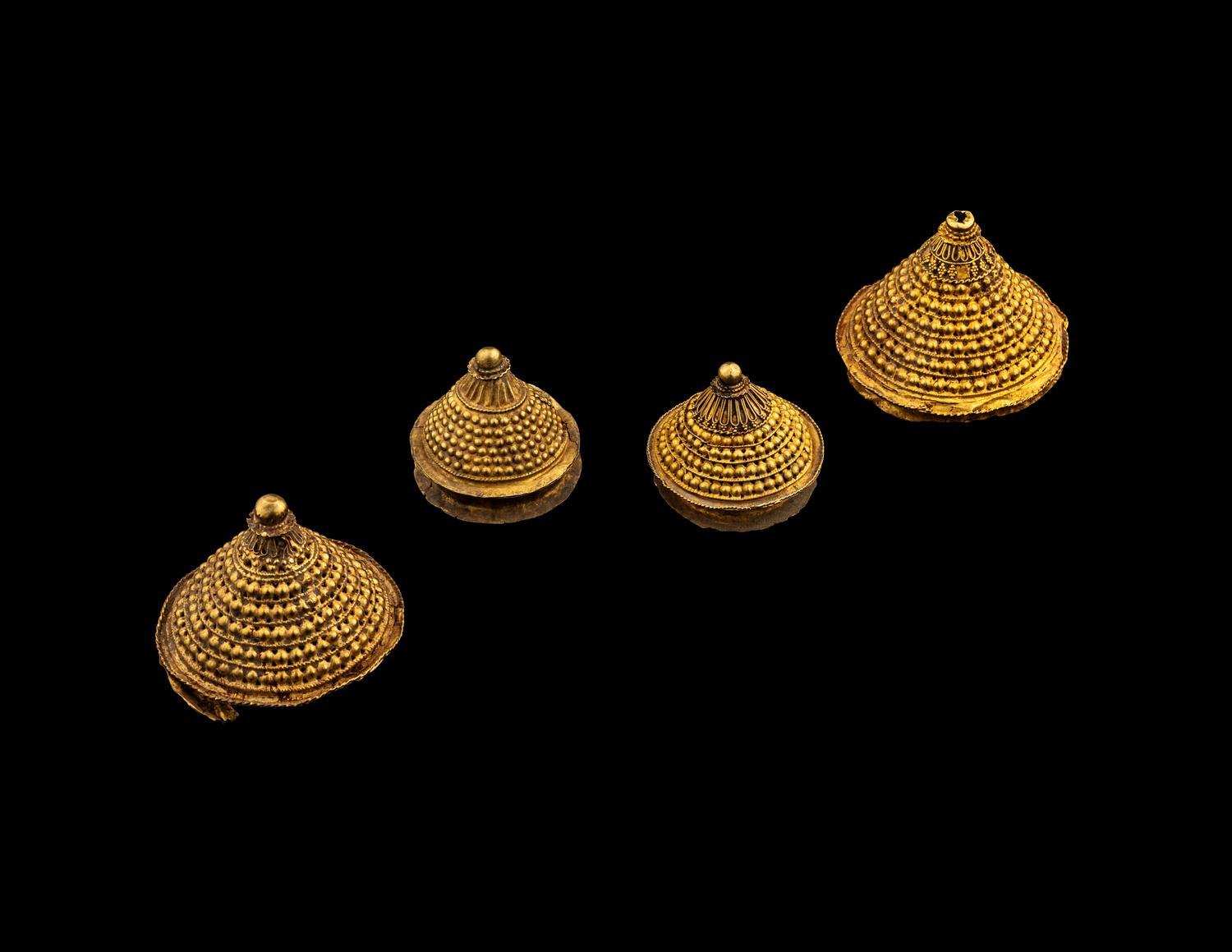 Four Hindu Gold Kumkum Lids in the Form of Stupas