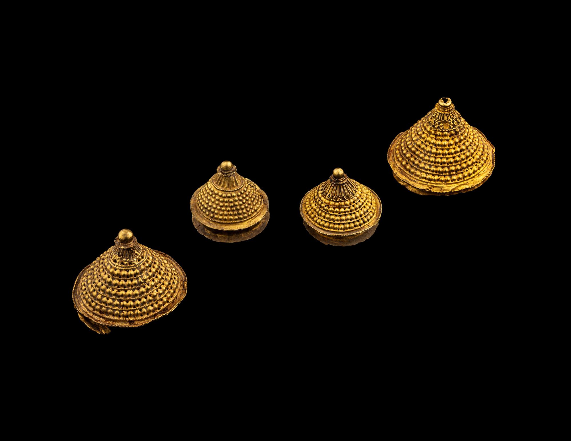 Four Hindu Gold Kumkum Lids in the Form of Stupas