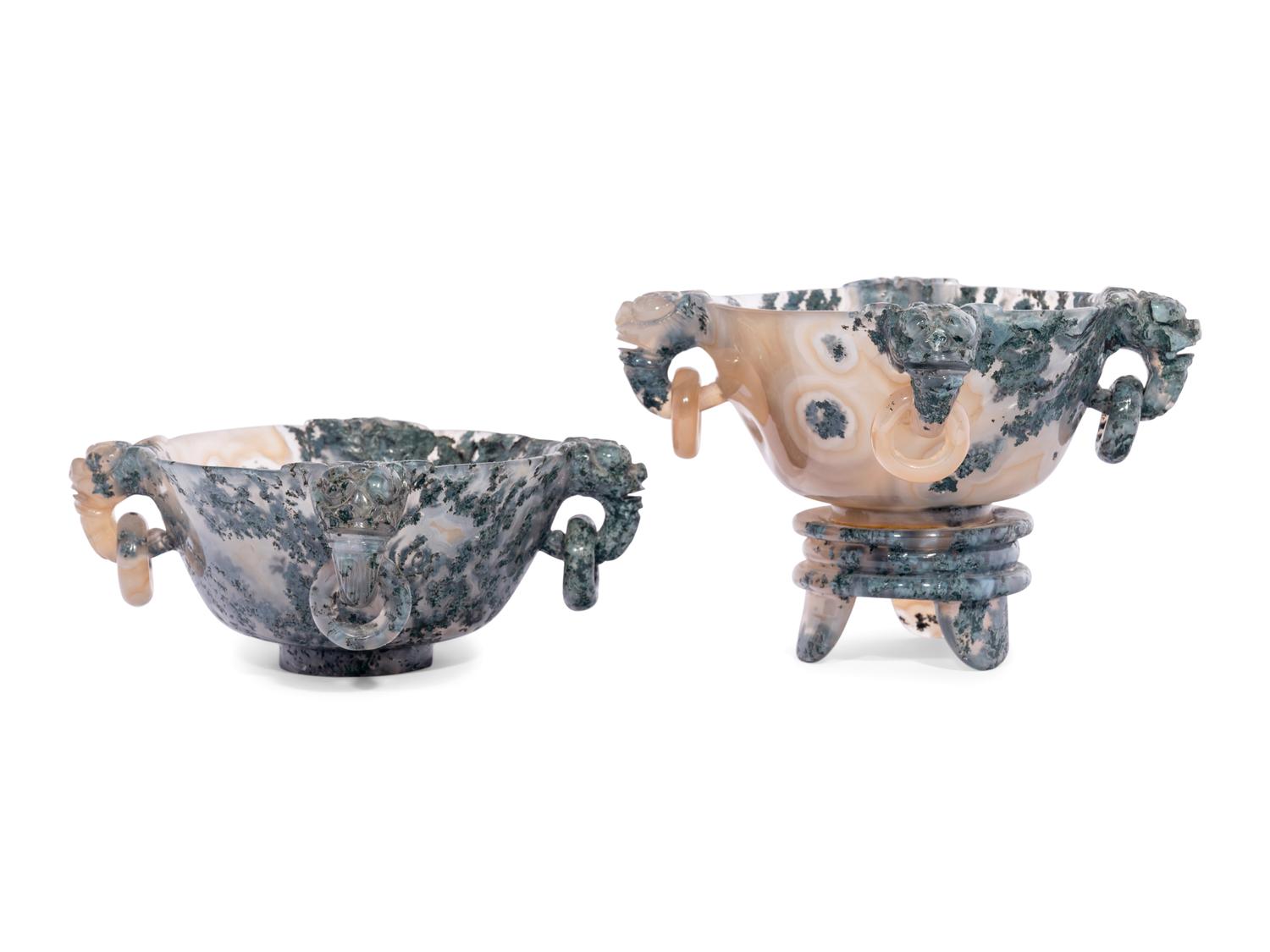 A Pair of Chinese Carved Black and Banded Agate Libation Cups and Stands