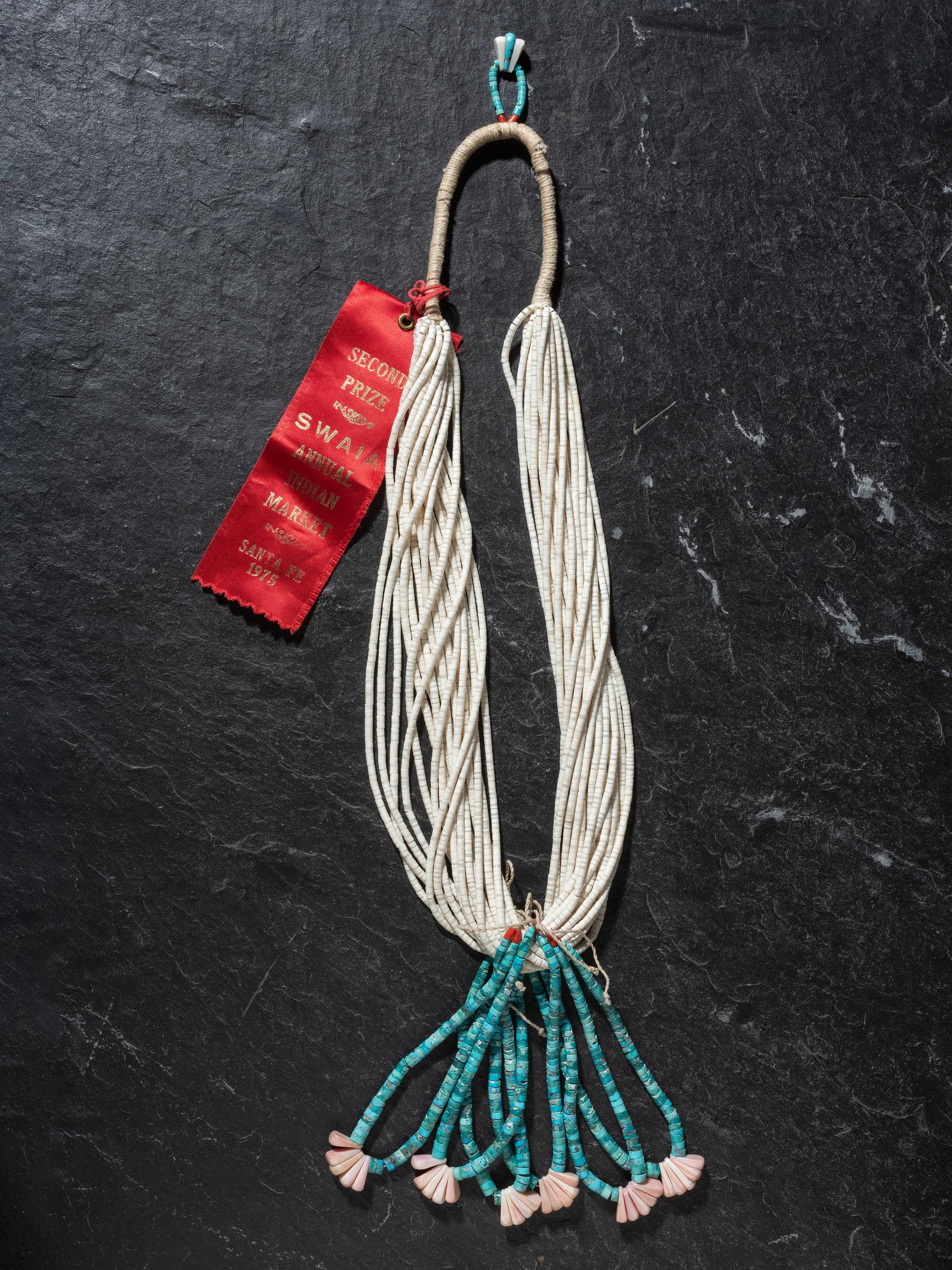 SWAIA Award Winning Twenty-strand Clam Shell Heishi Necklace, with Rolled Turquoise Joclas