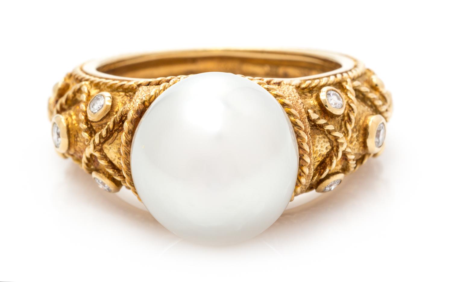 An 18 Karat Gold, Cultured Pearl and Diamond Ring, J. YANES, 6.30 dwts.