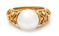 An 18 Karat Gold, Cultured Pearl and Diamond Ring, J. YANES, 6.30 dwts.