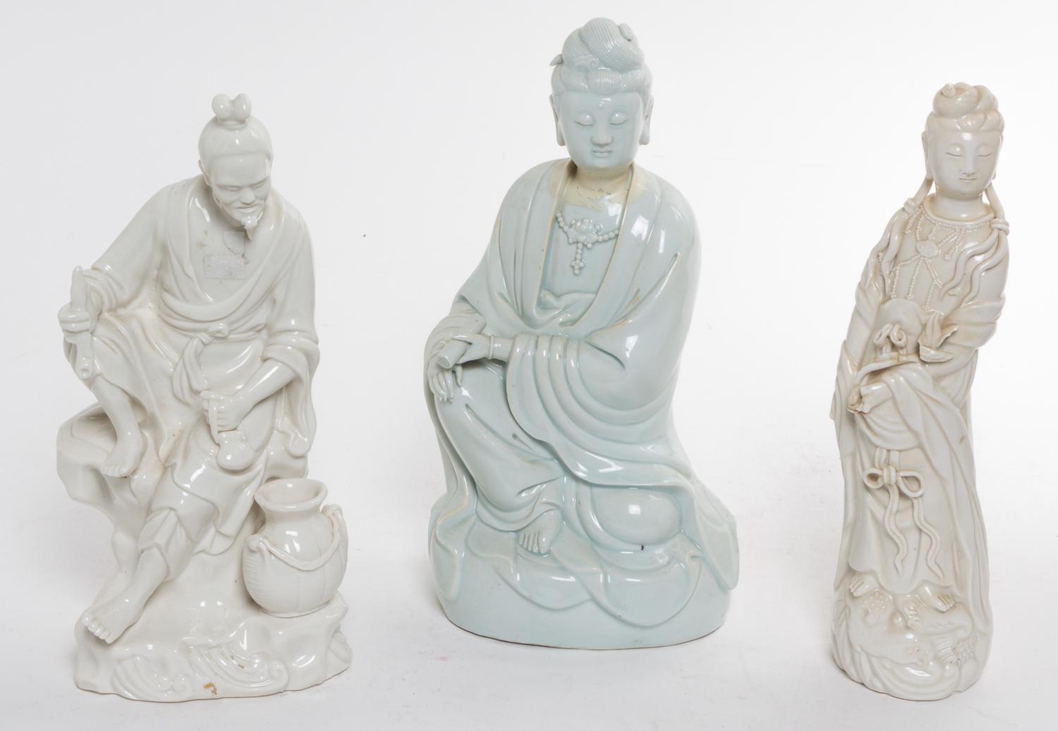 Three Blanc de Chine Porcelain Figures Height of tallest 10 3/4 inches.