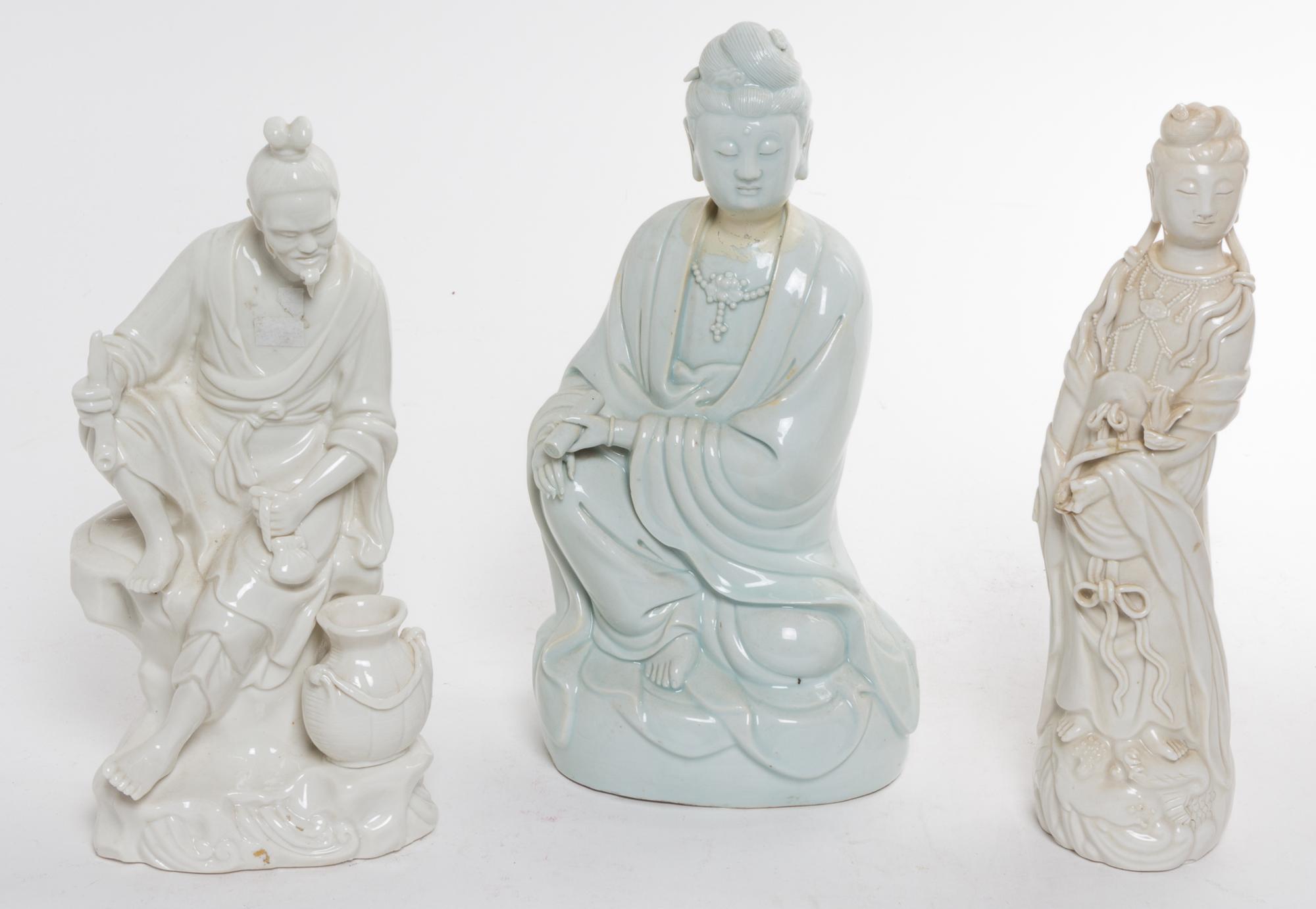 Three Blanc de Chine Porcelain Figures Height of tallest 10 3/4 inches.