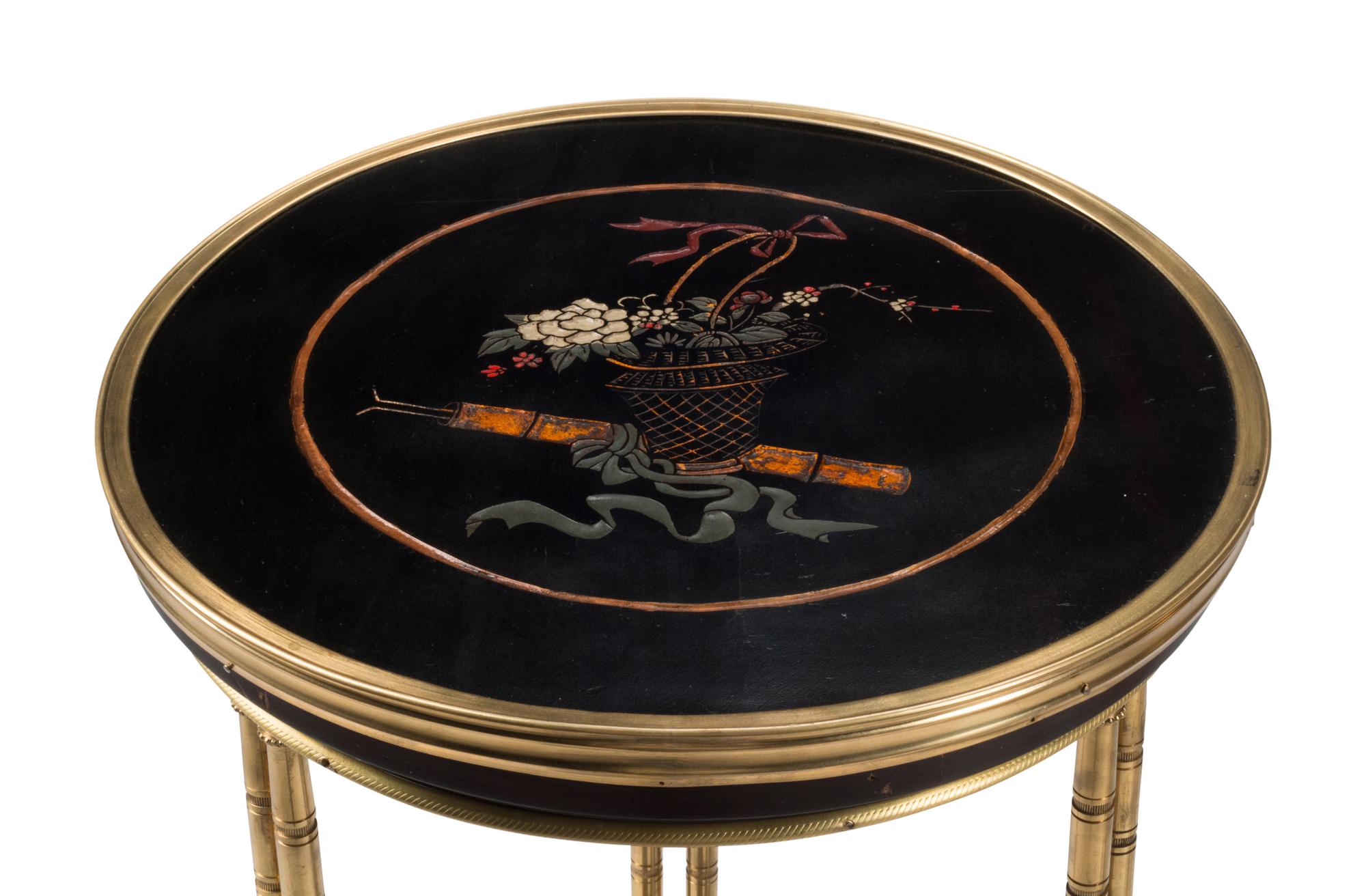 A Pair of French Neoclassical Style Gilt Bronze and Lacquer Tables