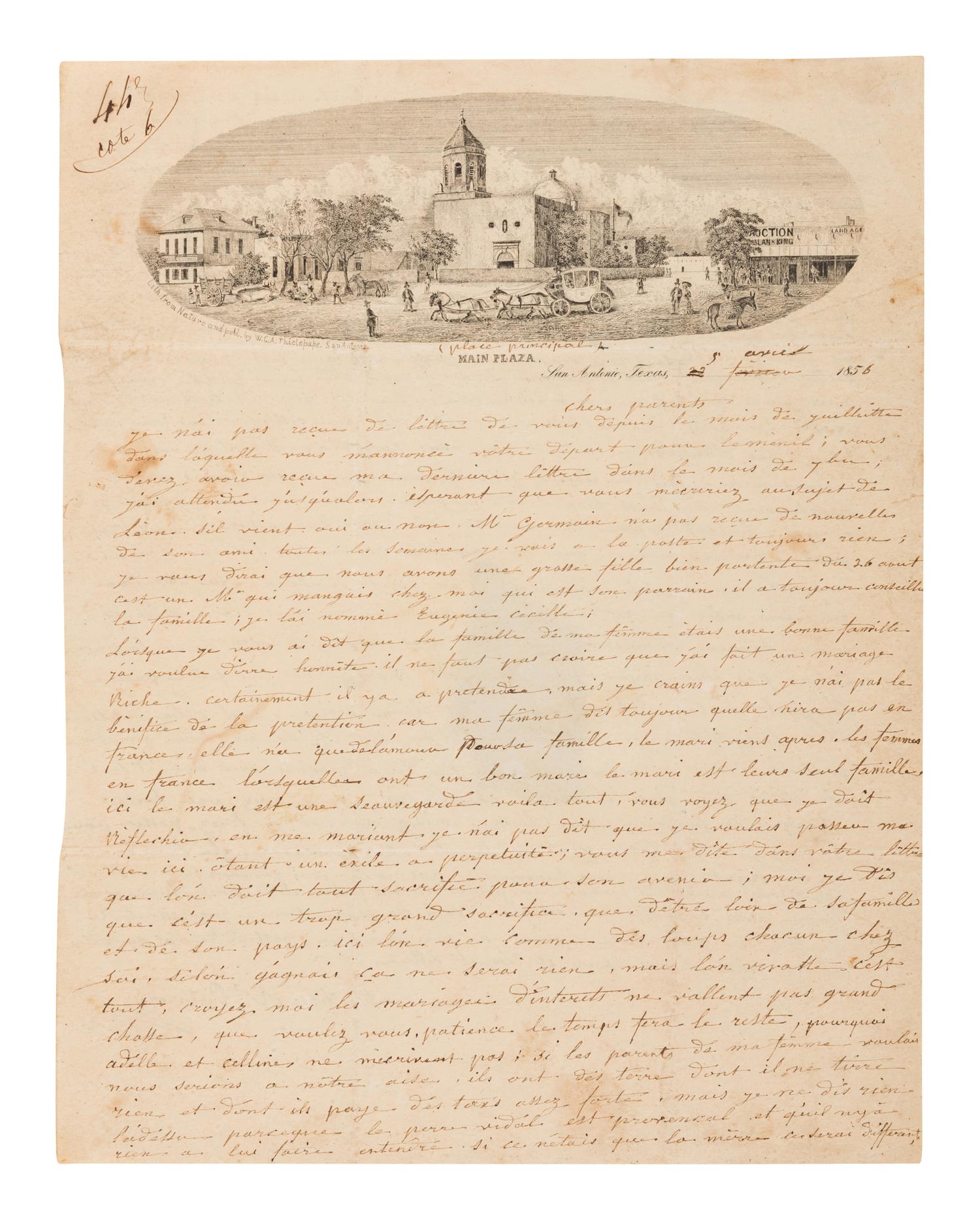 [TEXAS PICTORIAL LETTERSHEET]. THIELEPAPE, Wilhelm Carl August (1814-1904), lithographer. Main Plaza. San Antonio, Texas. San Antonio: W. C. A. Thielpape, [ca 1855].