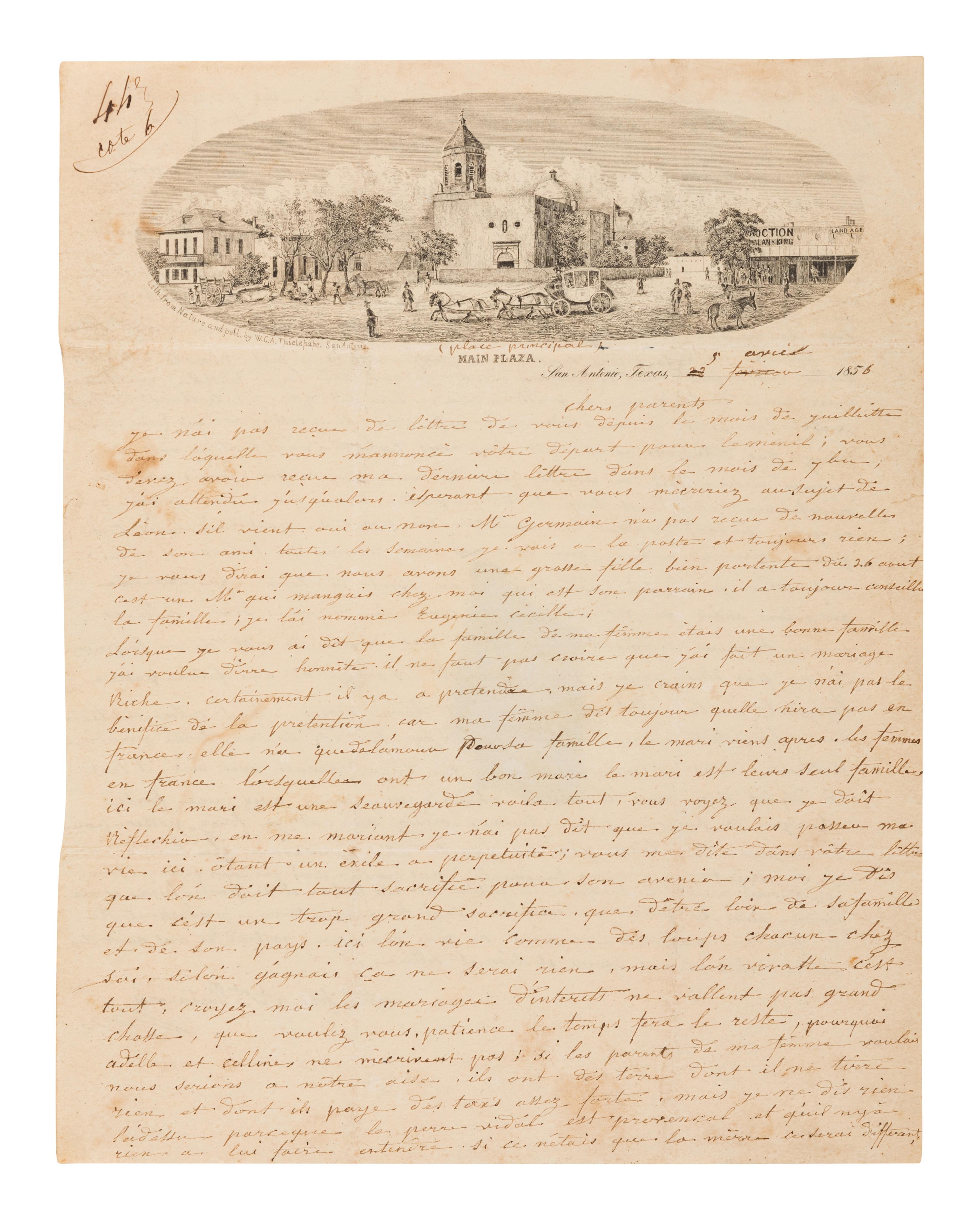 [TEXAS PICTORIAL LETTERSHEET]. THIELEPAPE, Wilhelm Carl August (1814-1904), lithographer. Main Plaza. San Antonio, Texas. San Antonio: W. C. A. Thielpape, [ca 1855].