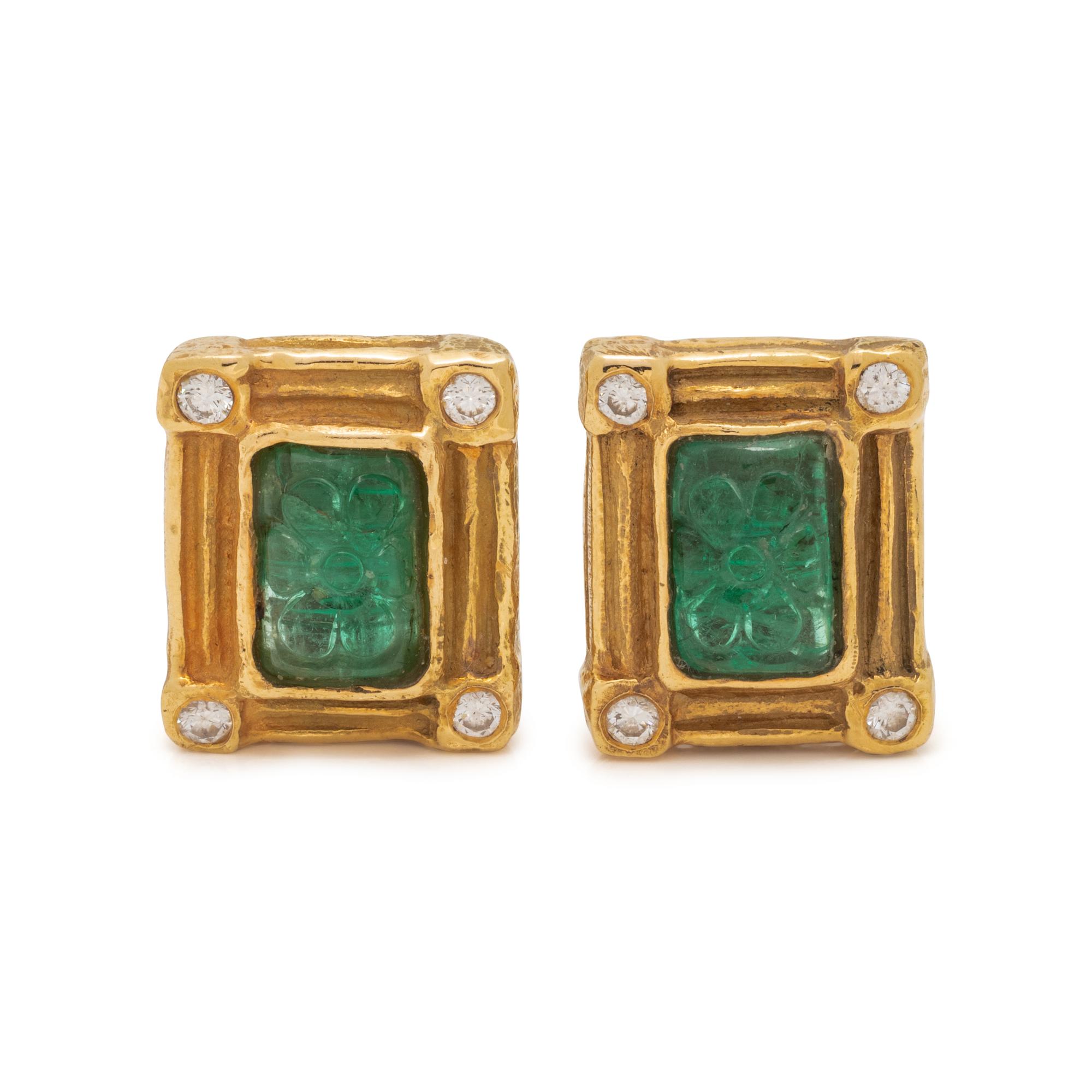 KATY BRISCOE, YELLOW GOLD, CARVED EMERALD AND DIAMOND EARCLIPS