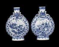 A Pair of Chinese Blue and White Porcelain Moon Flasks