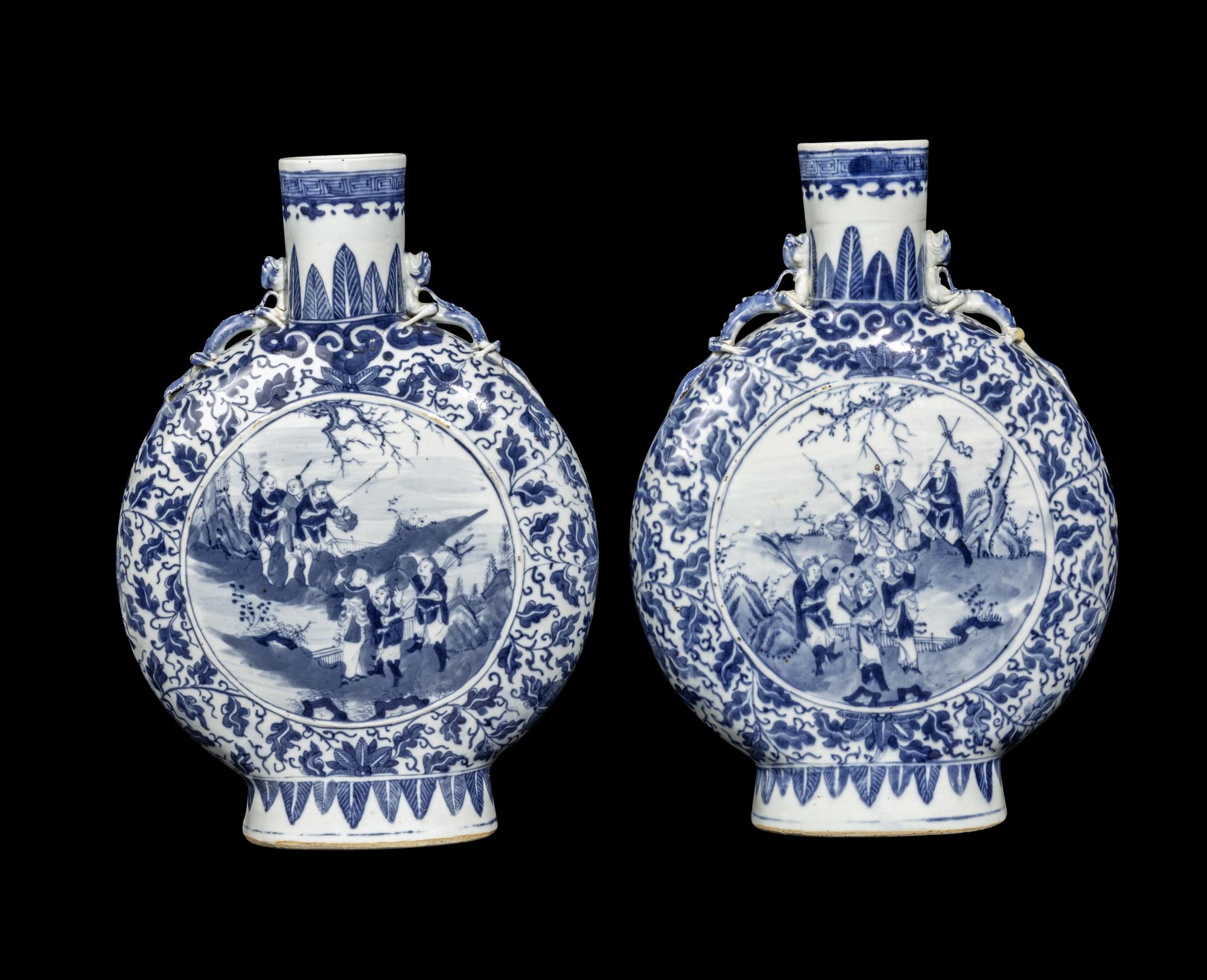 A Pair of Chinese Blue and White Porcelain Moon Flasks