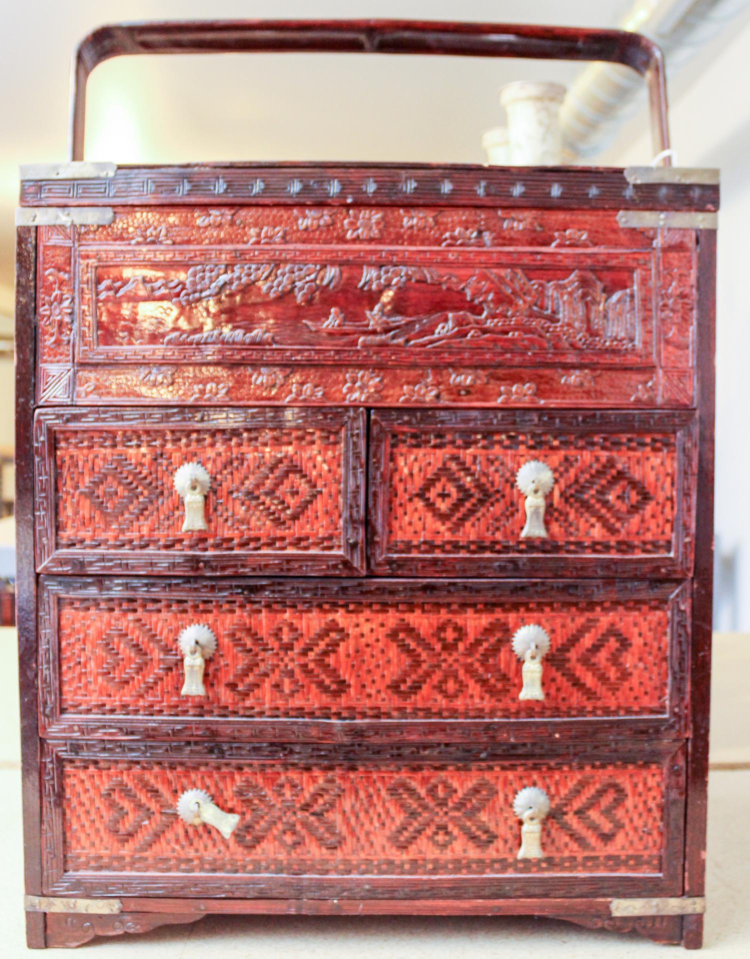 A Chinese Locking Container Height 18 1/4 x width 16 x depth 11 1/8 inches.