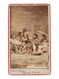 CDV of Pawnee chiefs with Julius Meyer, US interpreter and trader. Ca 1870s.