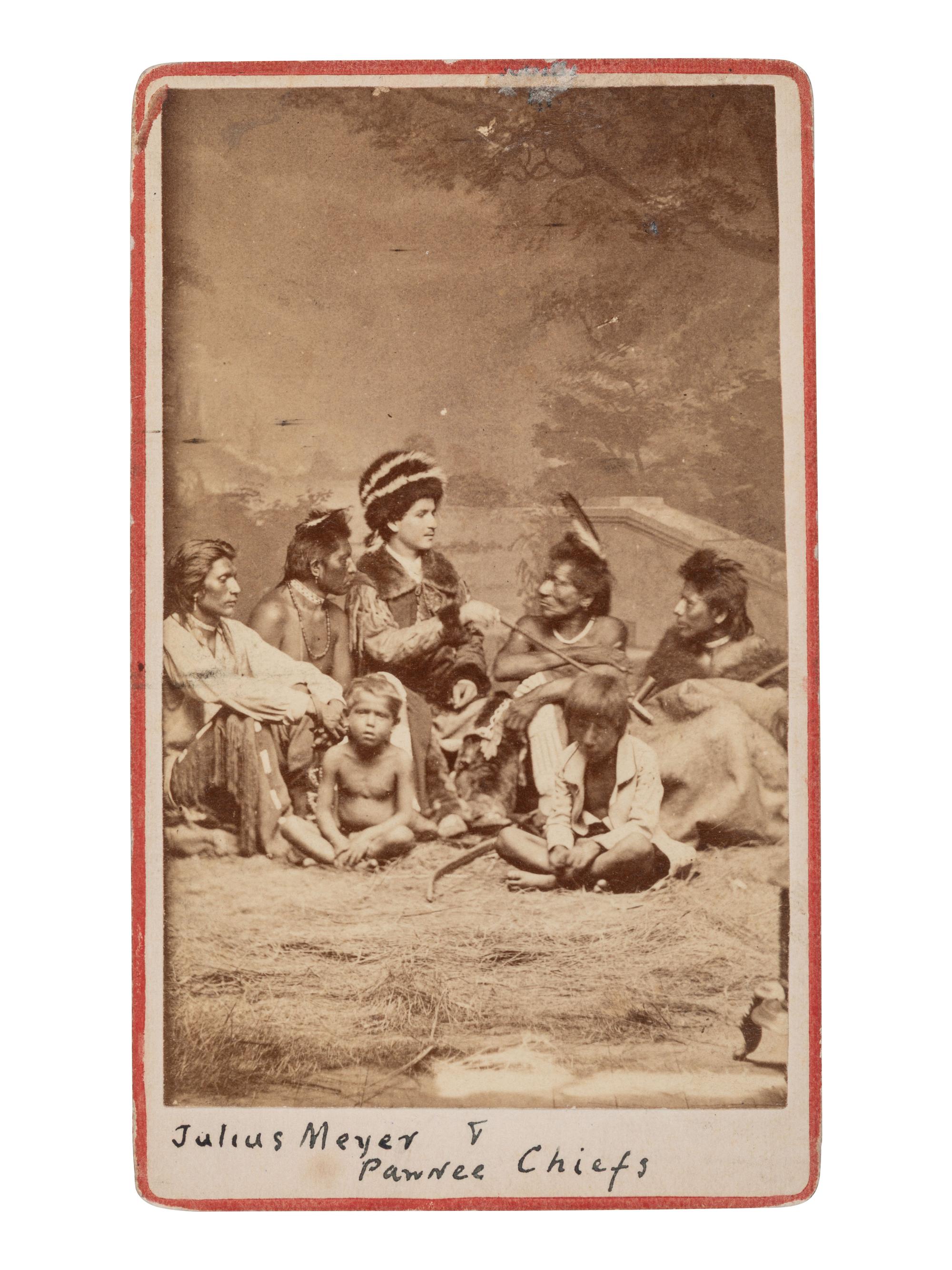 CDV of Pawnee chiefs with Julius Meyer, US interpreter and trader. Ca 1870s.