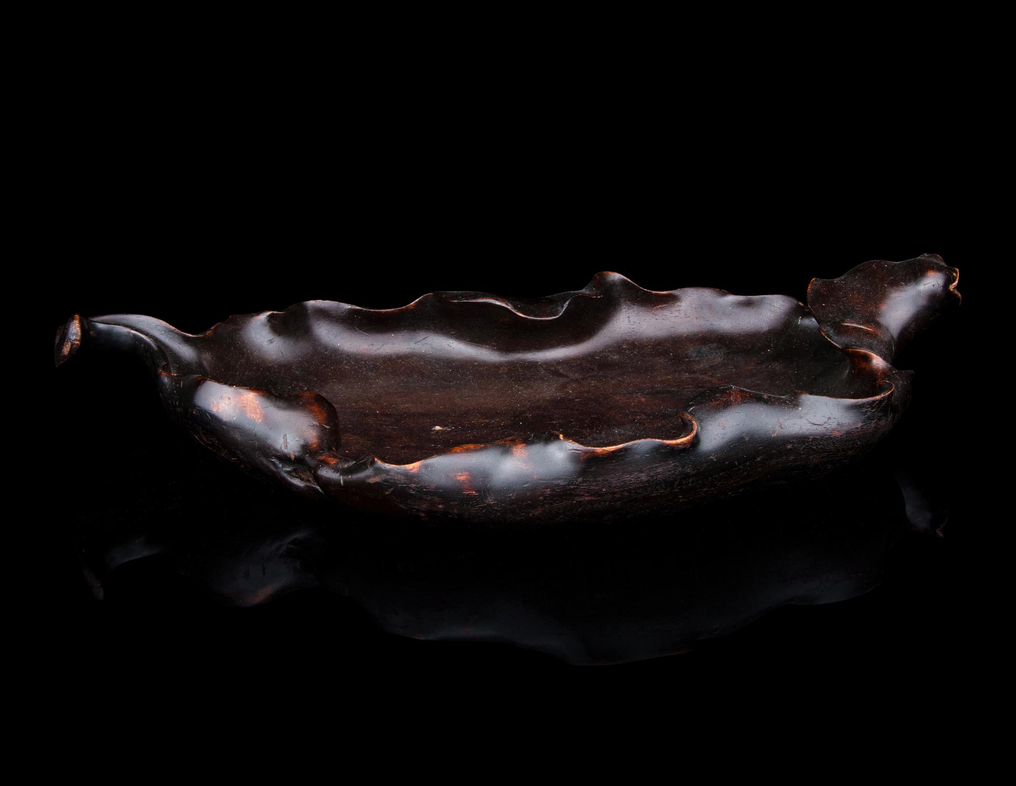 A Large Carved Rosewood Leaf-Form Tray