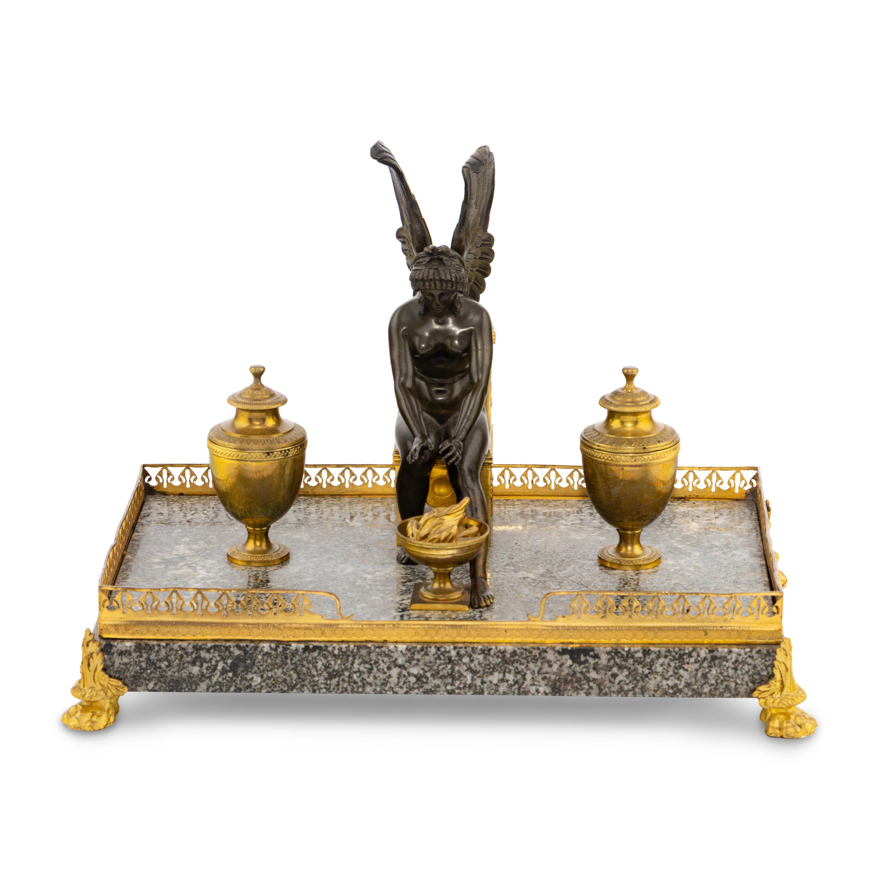 An Empire Gilt and Patinated Bronze and Granite Encrier