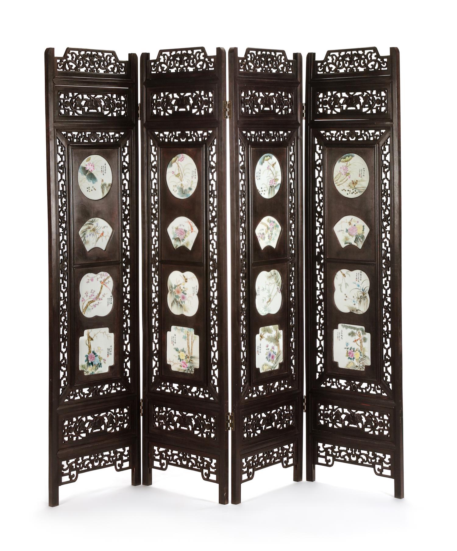 A Chinese Porcelain Inset Four-Panel Screen Height 72 x width of each panel 18 inches.