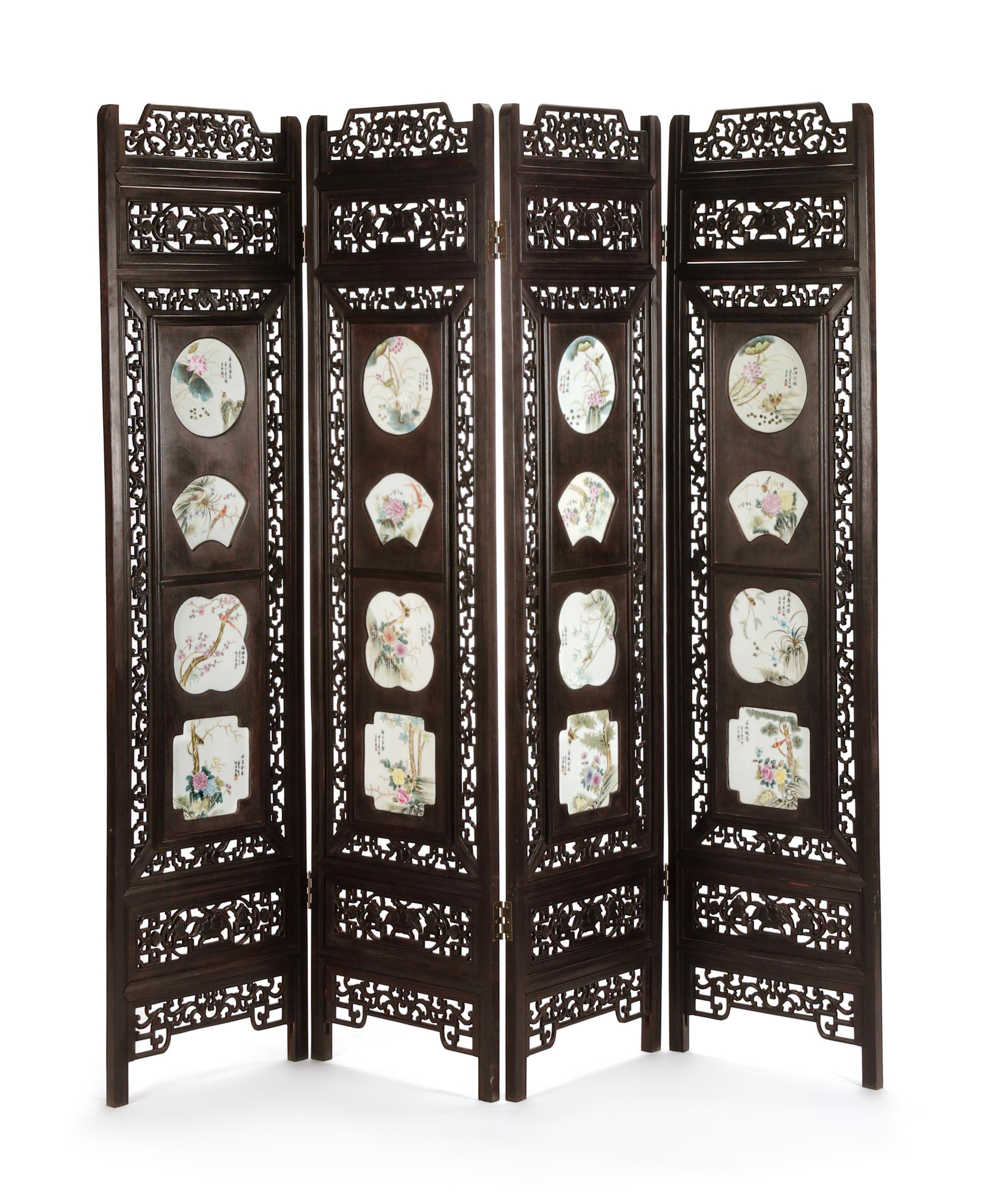 A Chinese Porcelain Inset Four-Panel Screen Height 72 x width of each panel 18 inches.