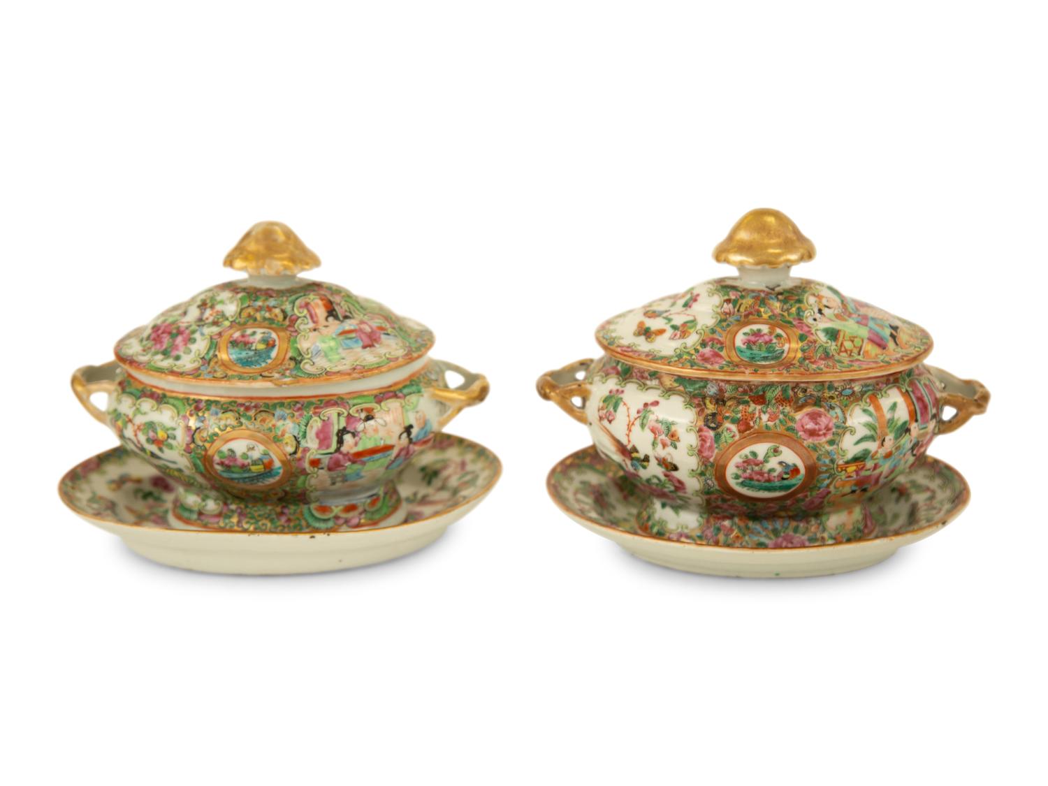 A Pair of Chinese Rose Medallion Porcelain Sauce Tureens