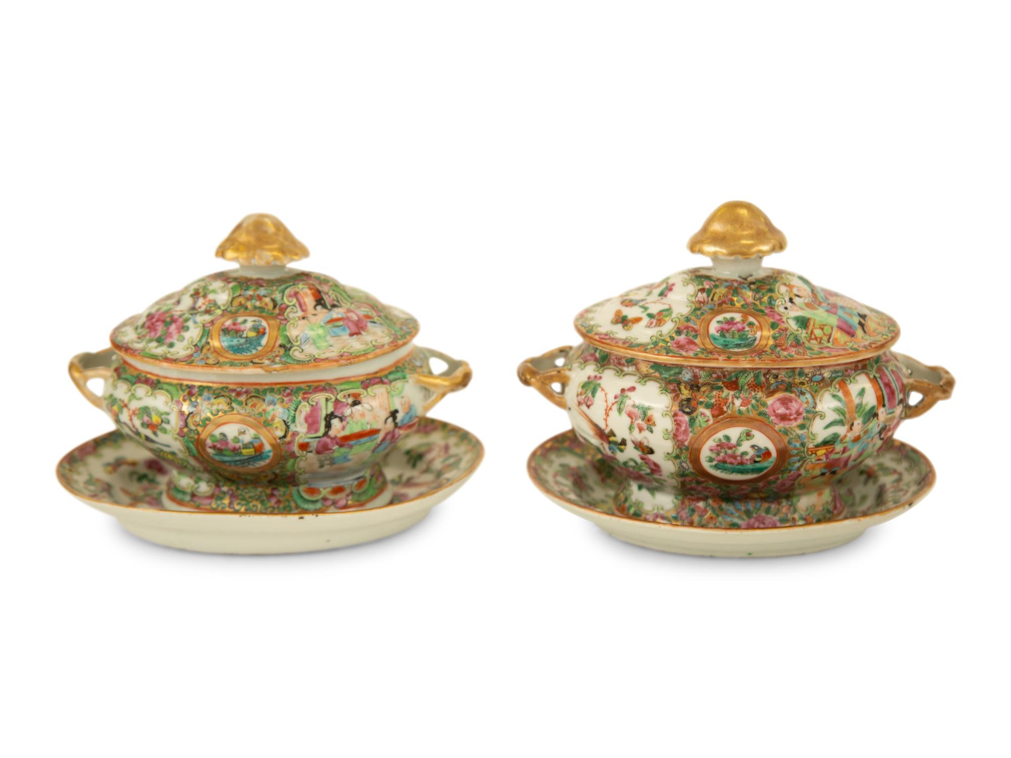 A Pair of Chinese Rose Medallion Porcelain Sauce Tureens