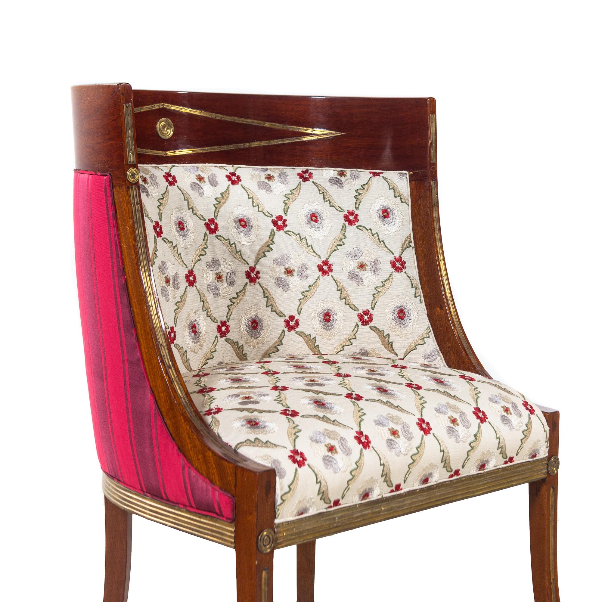A Pair of Russian Neoclassical Brass Inlaid Mahogany Bergères