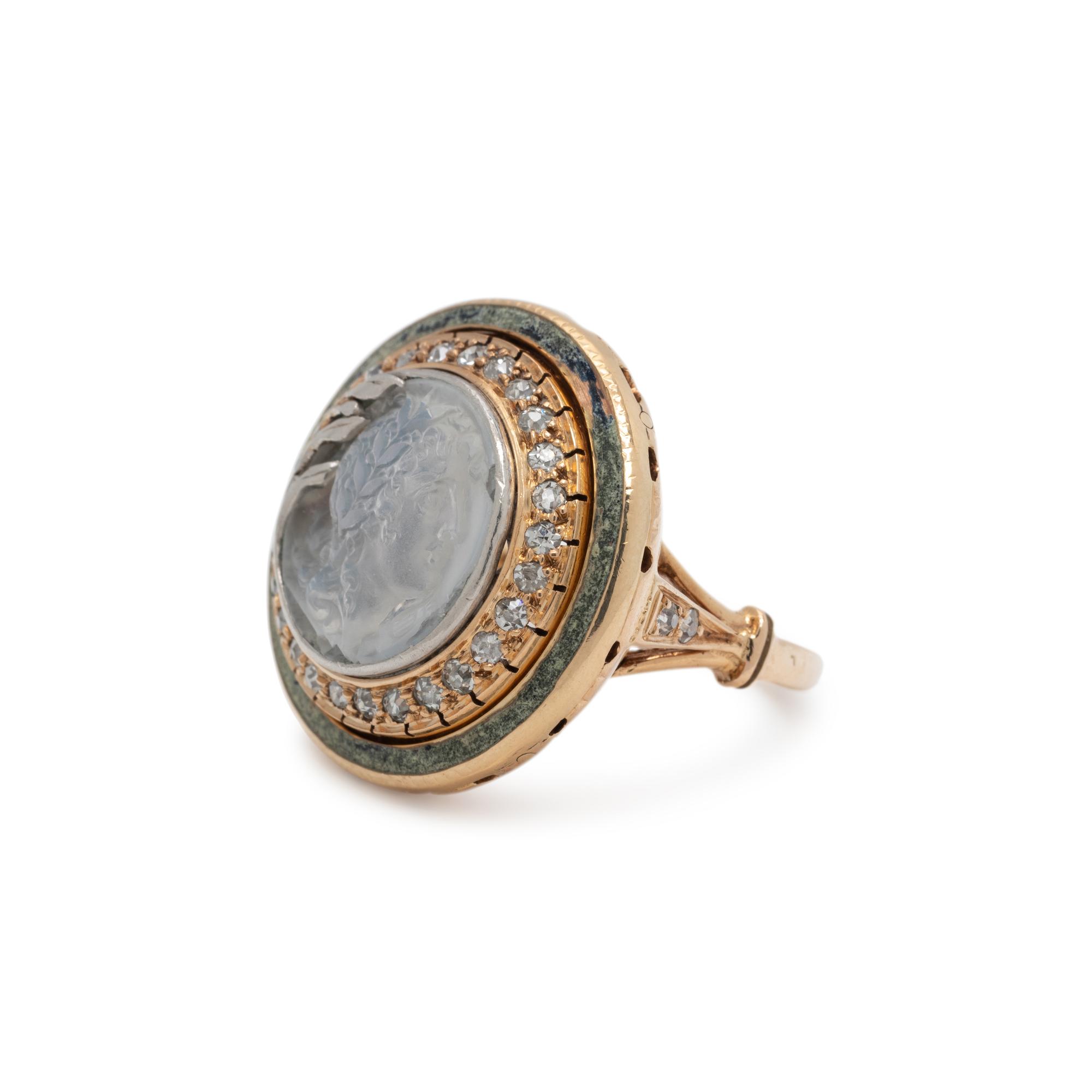 ANTIQUE, MOONSTONE CAMEO AND DIAMOND RING